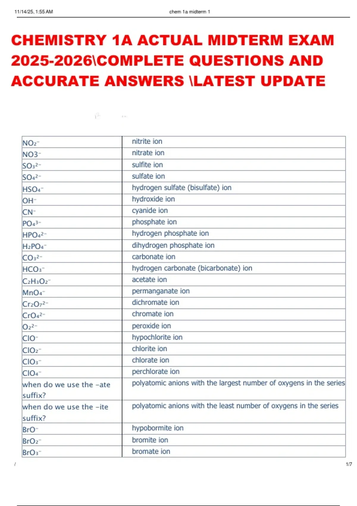 CHEMISTRY 1A ACTUAL MIDTERM EXAM COMPLETE QUESTIONS AND ACCURATE ...