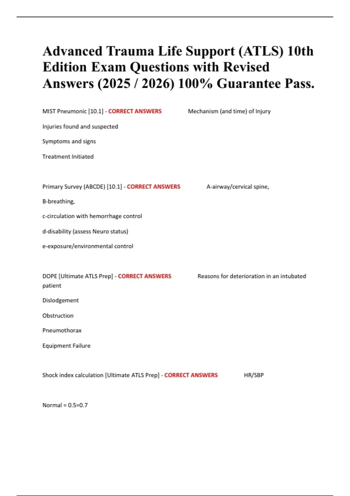Summary Advanced Trauma Life Support (ATLS) 10th Edition Exam Questions ...