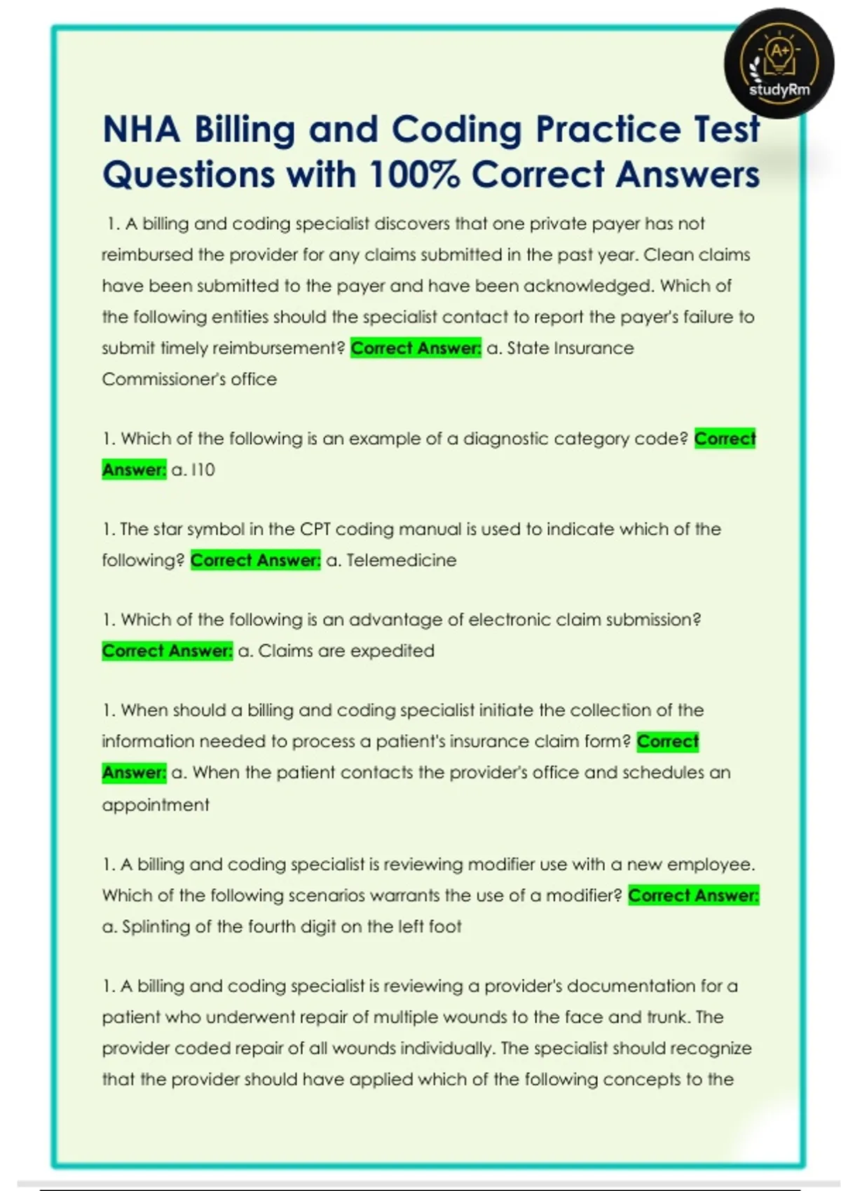 NHA Billing and Coding Practice Test Questions with 100% Correct ...