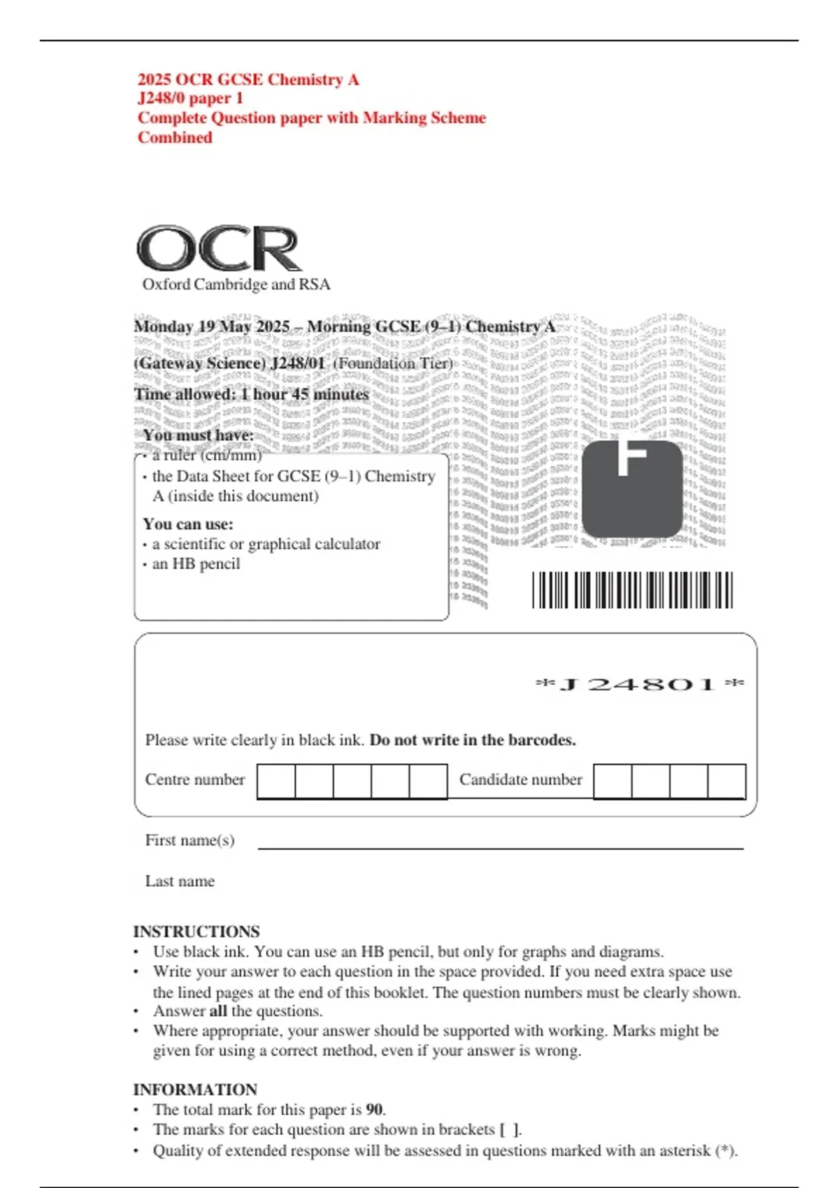 Ocr Sorting Example Questions 2025 OCR GCSE Chemistry A J248/0 paper 1 Complete Question paper with ...