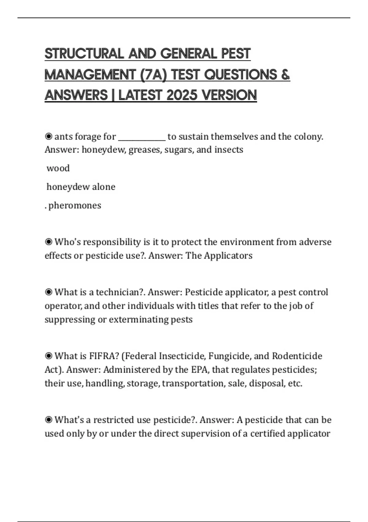 STRUCTURAL AND GENERAL PEST MANAGEMENT (7A) TEST QUESTIONS & ANSWERS ...