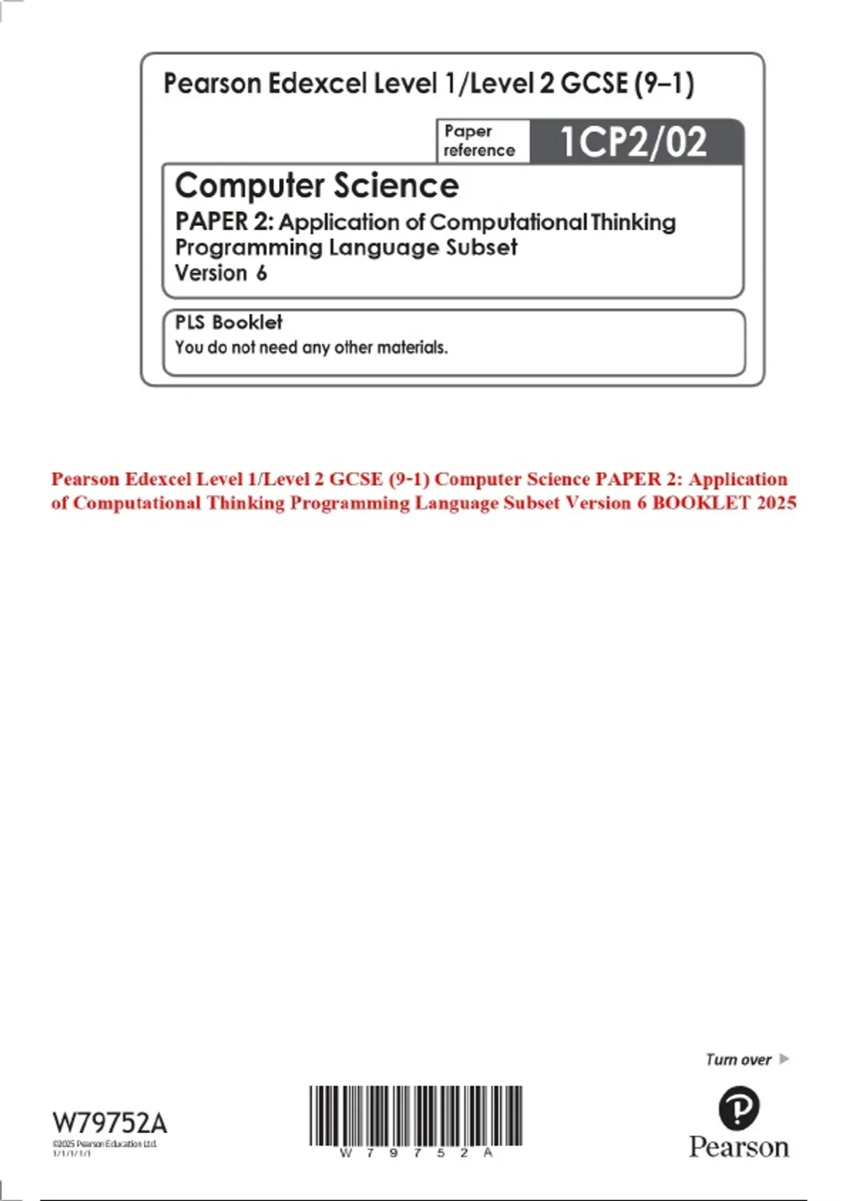 Pearson Edexcel Level 1/Level 2 GCSE (9–1) Computer Science PAPER 2 ...