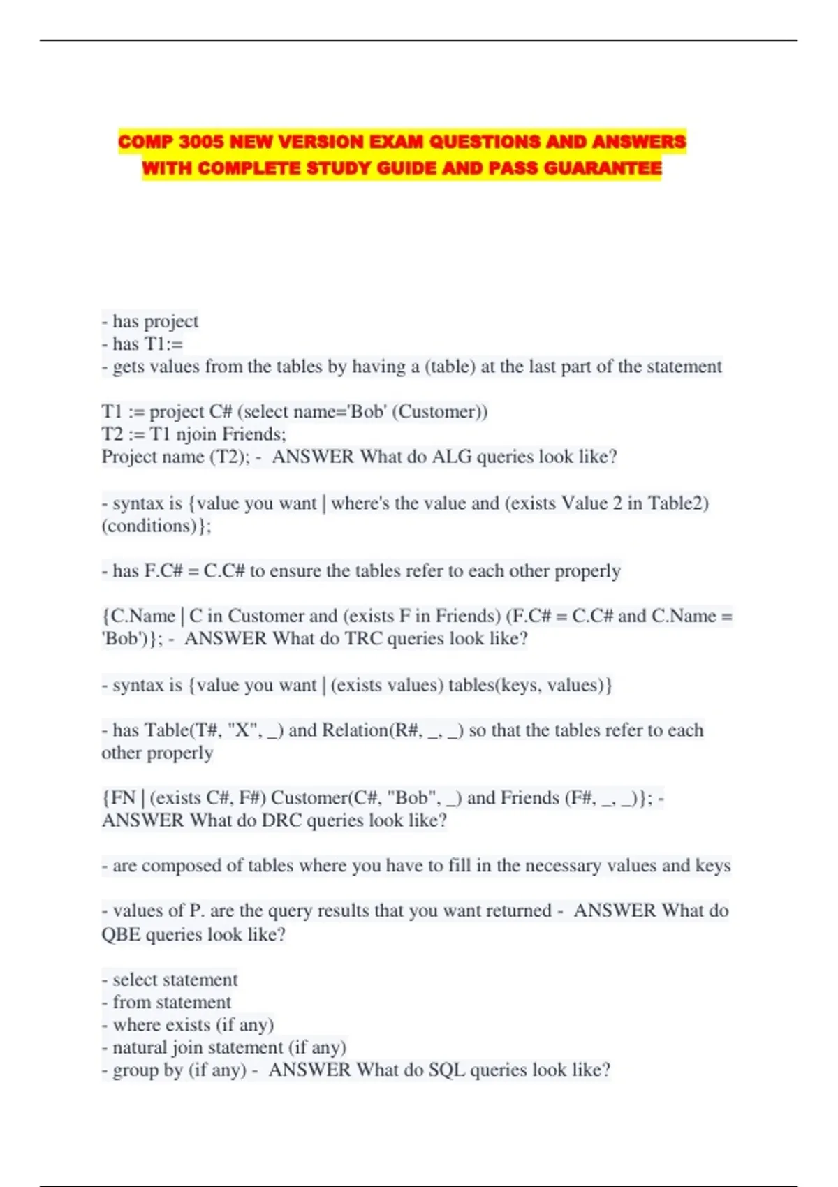 COMP 3005 NEW VERSION EXAM QUESTIONS AND ANSWERS WITH COMPLETE STUDY ...
