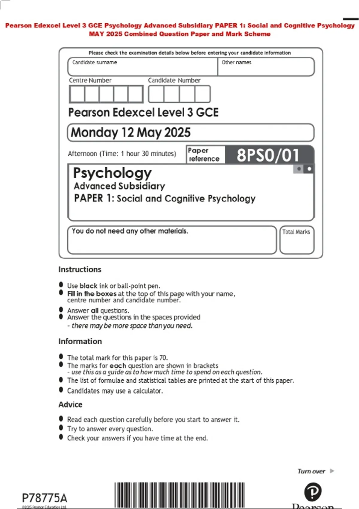Pearson Edexcel Level 3 GCE Psychology Advanced Subsidiary PAPER 1 ...