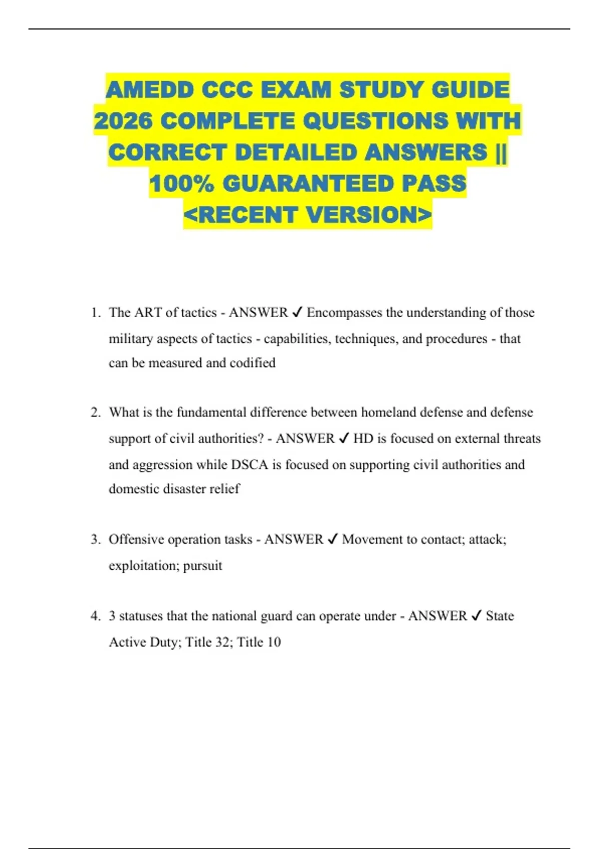 AMEDD CCC EXAM STUDY GUIDE 2026 COMPLETE QUESTIONS WITH CORRECT ...
