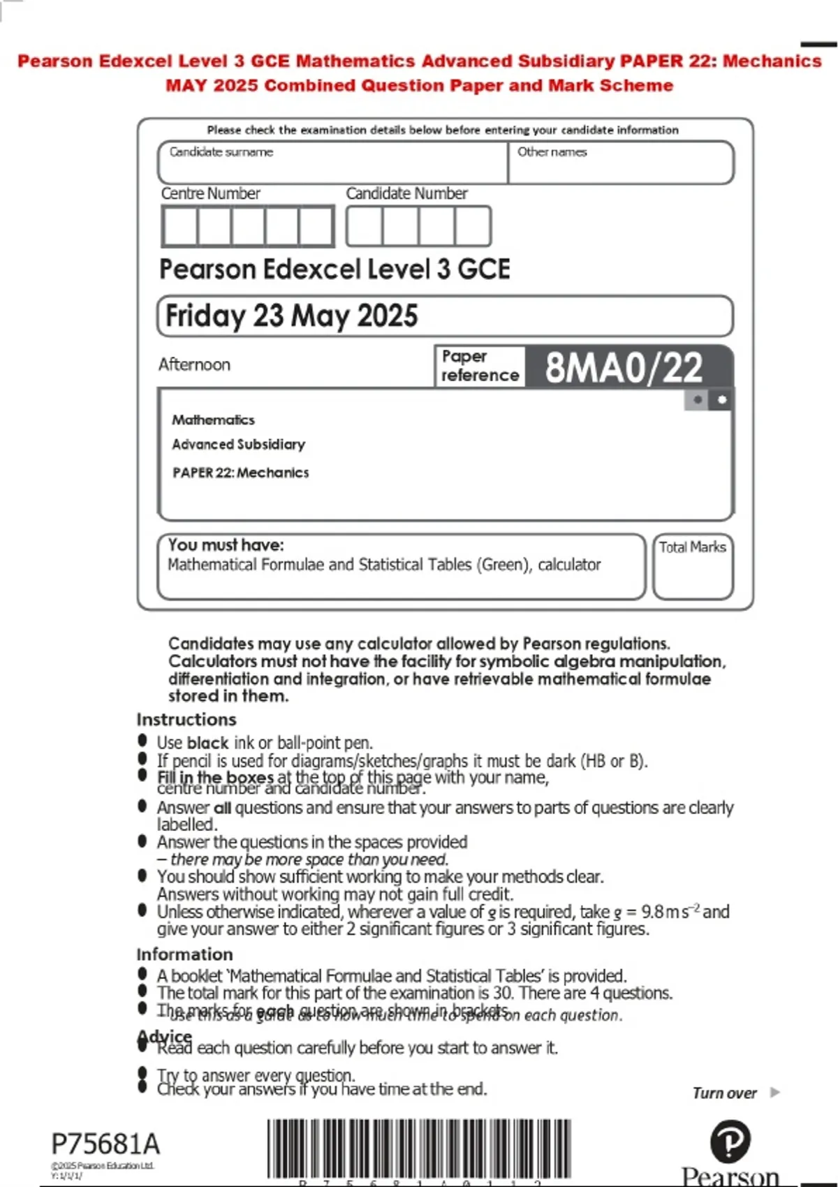 BUNDLE::Pearson Edexcel Level 3 GCE Mathematics Question Paper and Mark ...