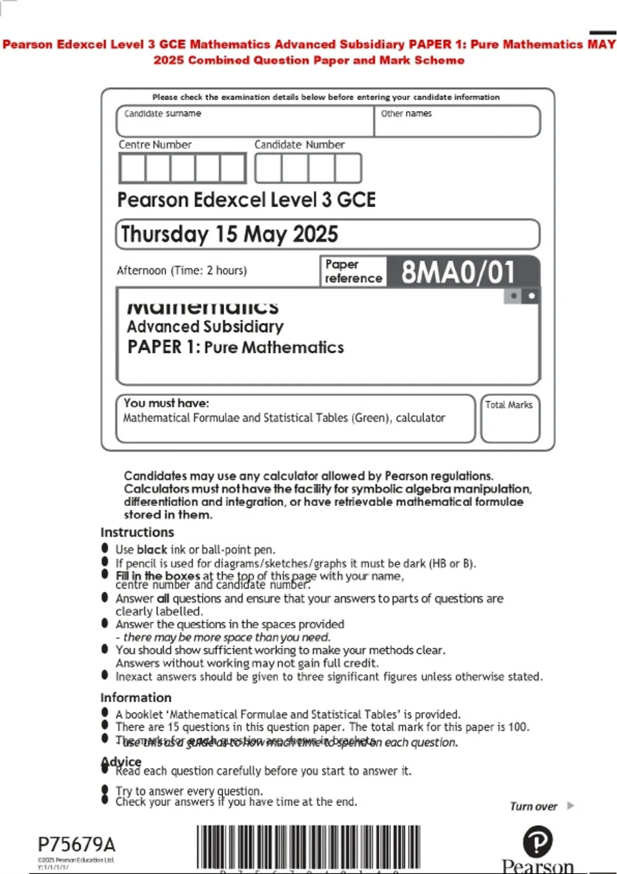Pearson Edexcel Level 3 GCE Mathematics Advanced Subsidiary PAPER 1 ...