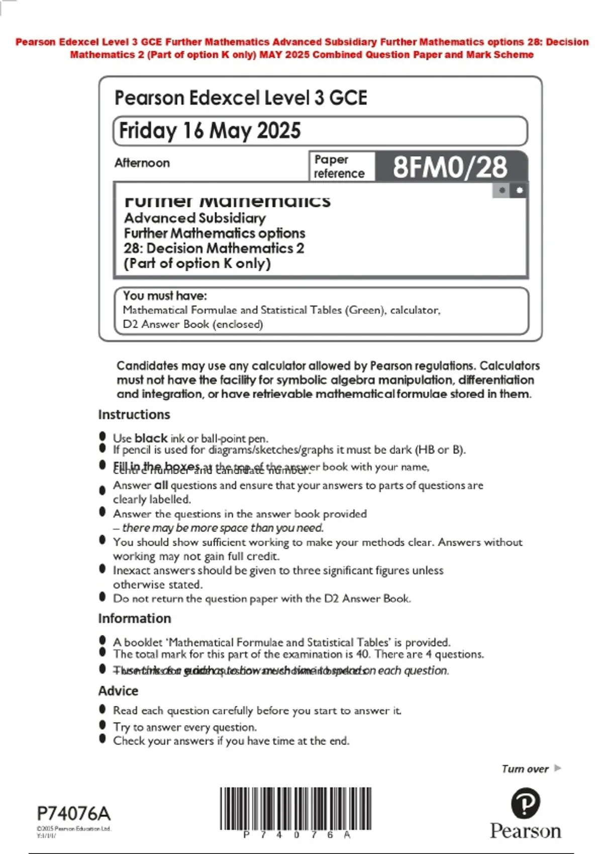 Pearson Edexcel Level 3 GCE Further Mathematics Advanced Subsidiary ...