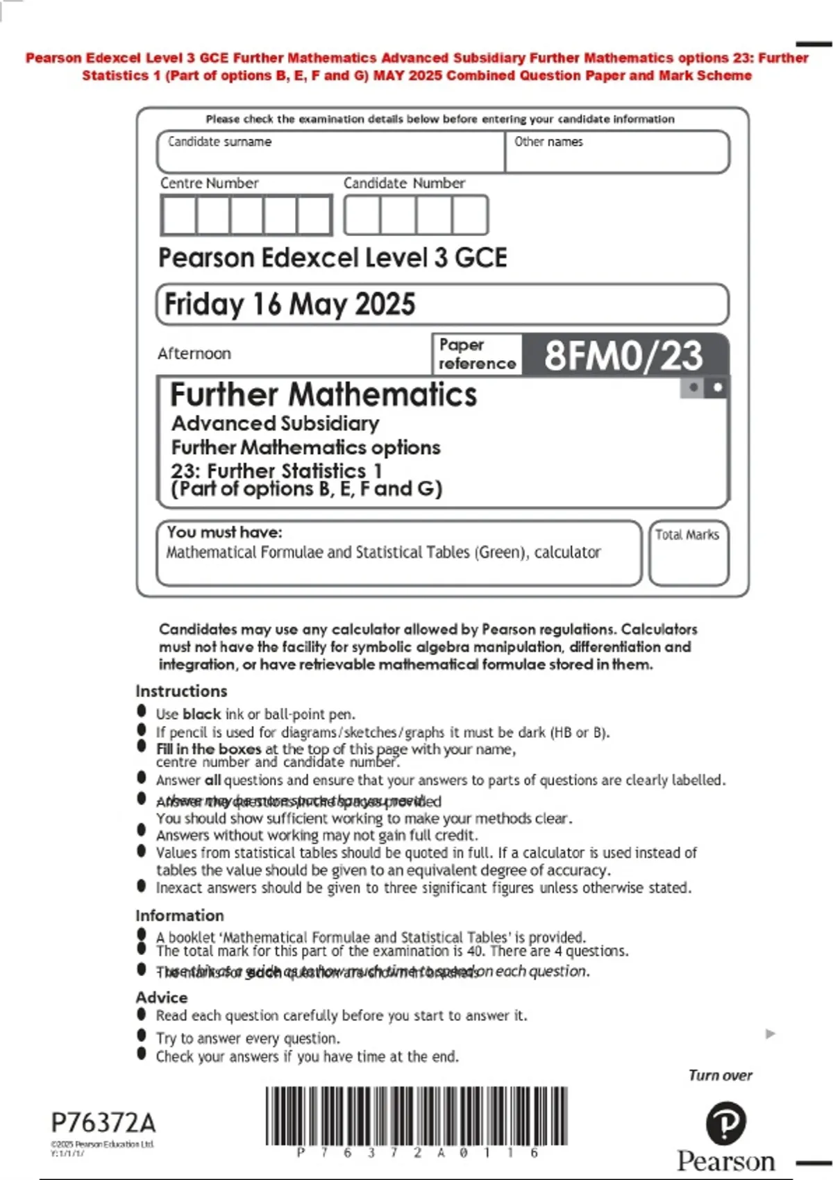 Pearson Edexcel Level 3 GCE Further Mathematics Advanced Subsidiary ...