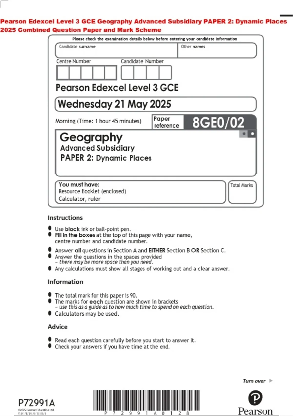 Pearson Edexcel Level 3 GCE Geography Advanced Subsidiary PAPER 2 ...