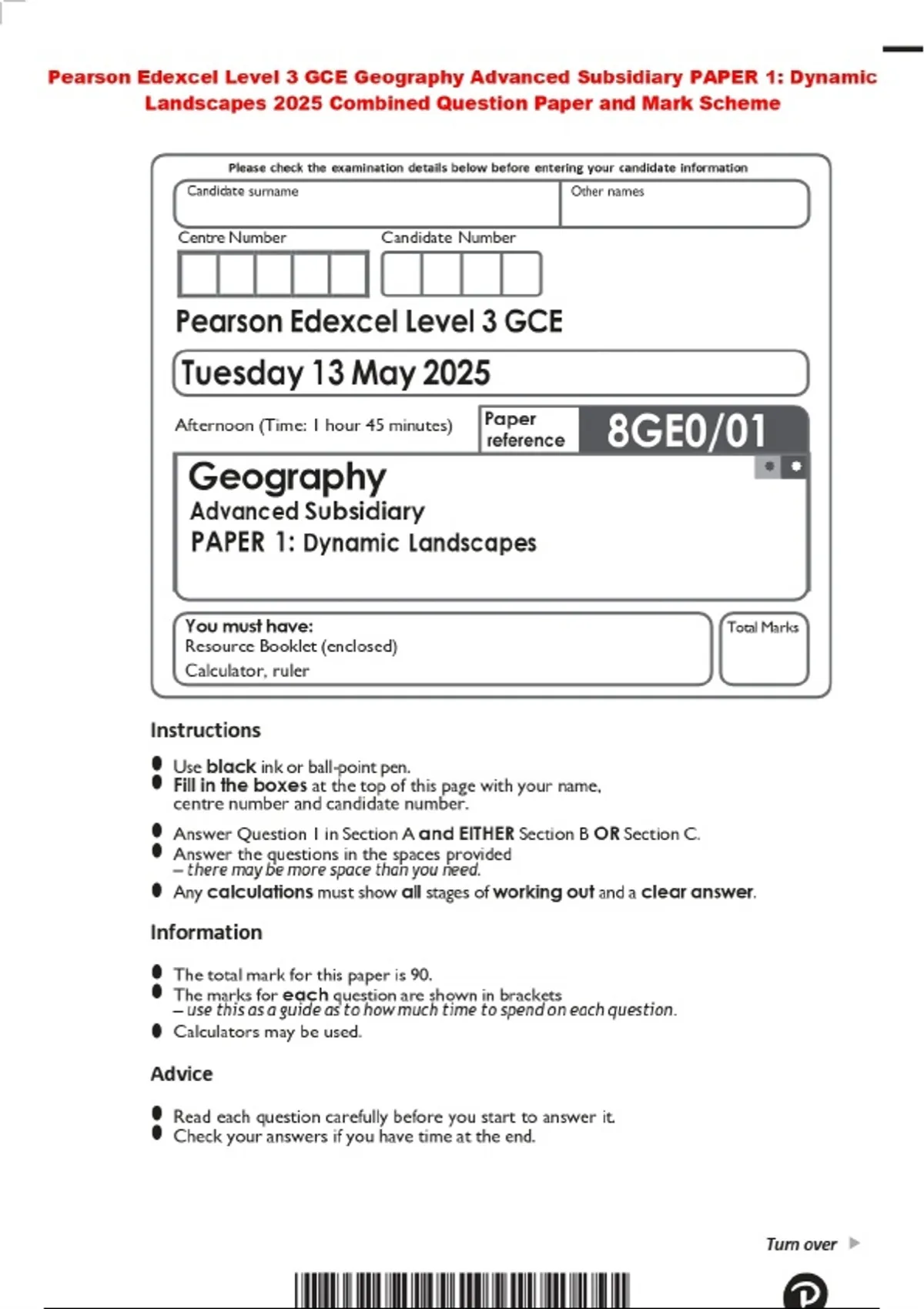 Pearson Edexcel Level 3 GCE Geography Advanced Subsidiary PAPER 1 ...