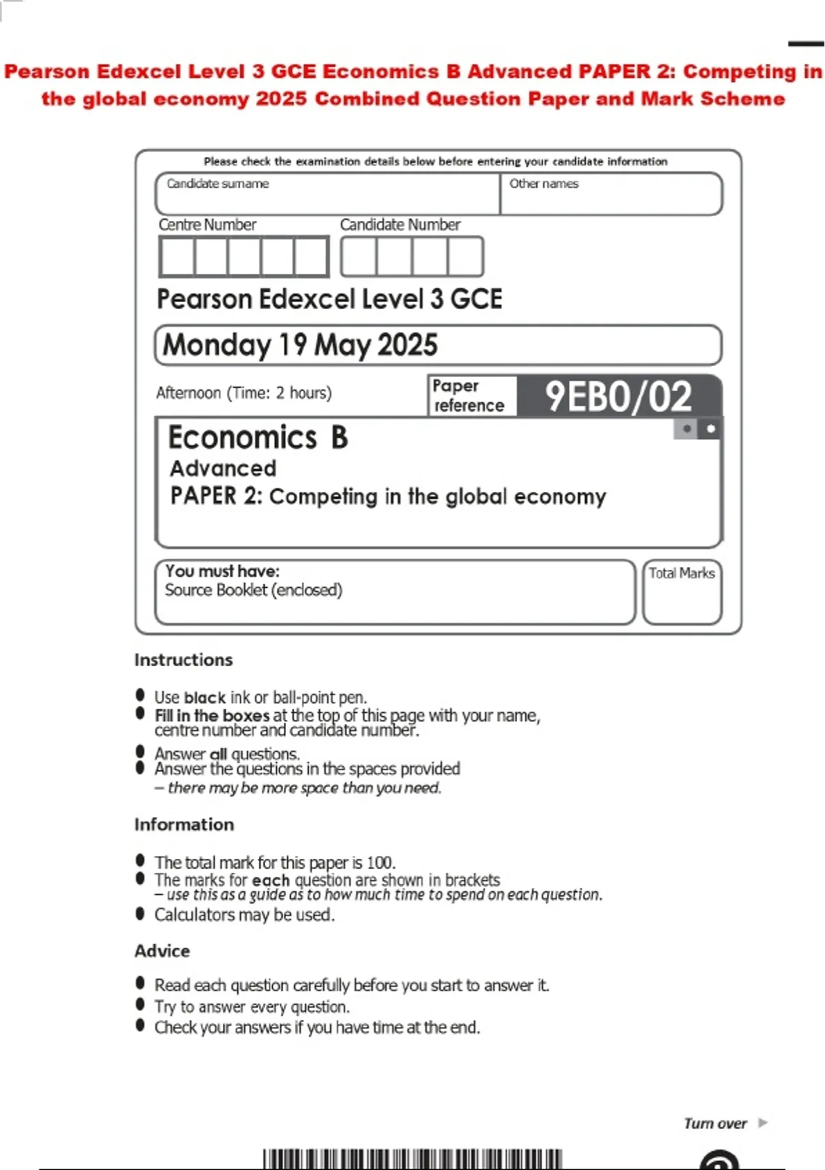 Pearson Edexcel Level 3 GCE Economics B Advanced PAPER 2: Competing in ...