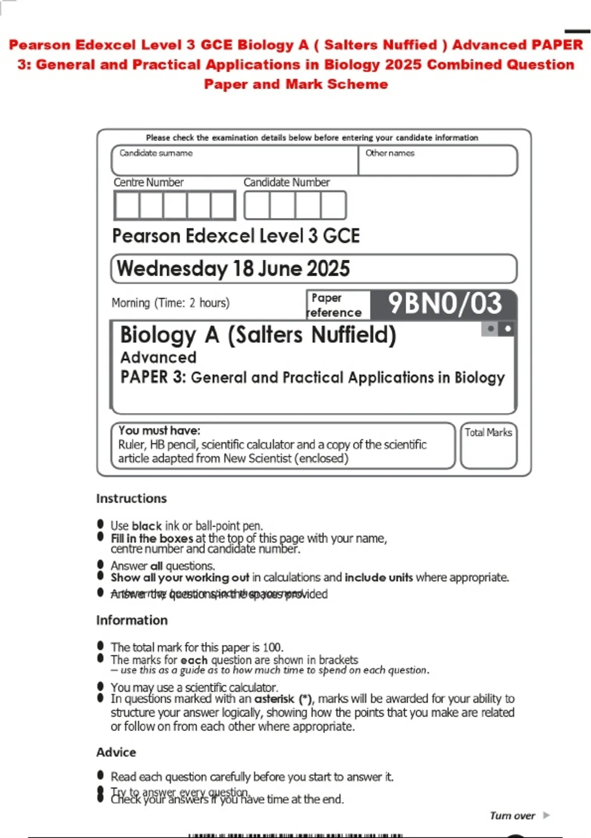 Pearson Edexcel Level 3 GCE Biology A ( Salters Nuffied ) Advanced ...