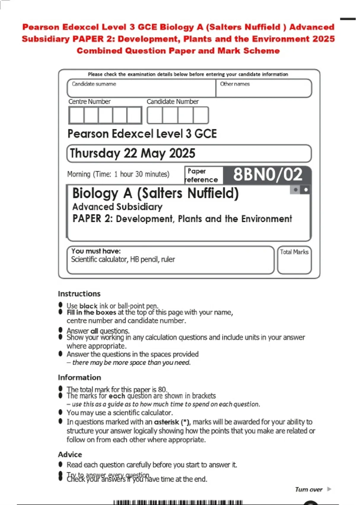 Pearson Edexcel Level 3 GCE Biology A (Salters Nuffield ) Advanced ...