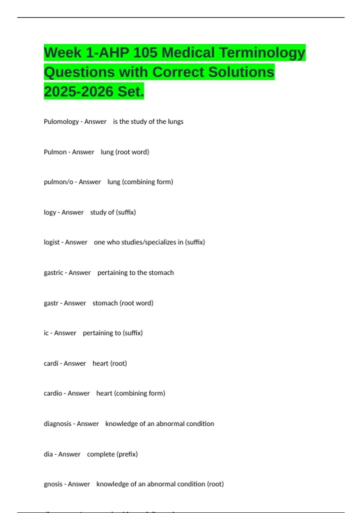 Week 1-AHP 105 Medical Terminology Questions with Correct Solutions Set ...