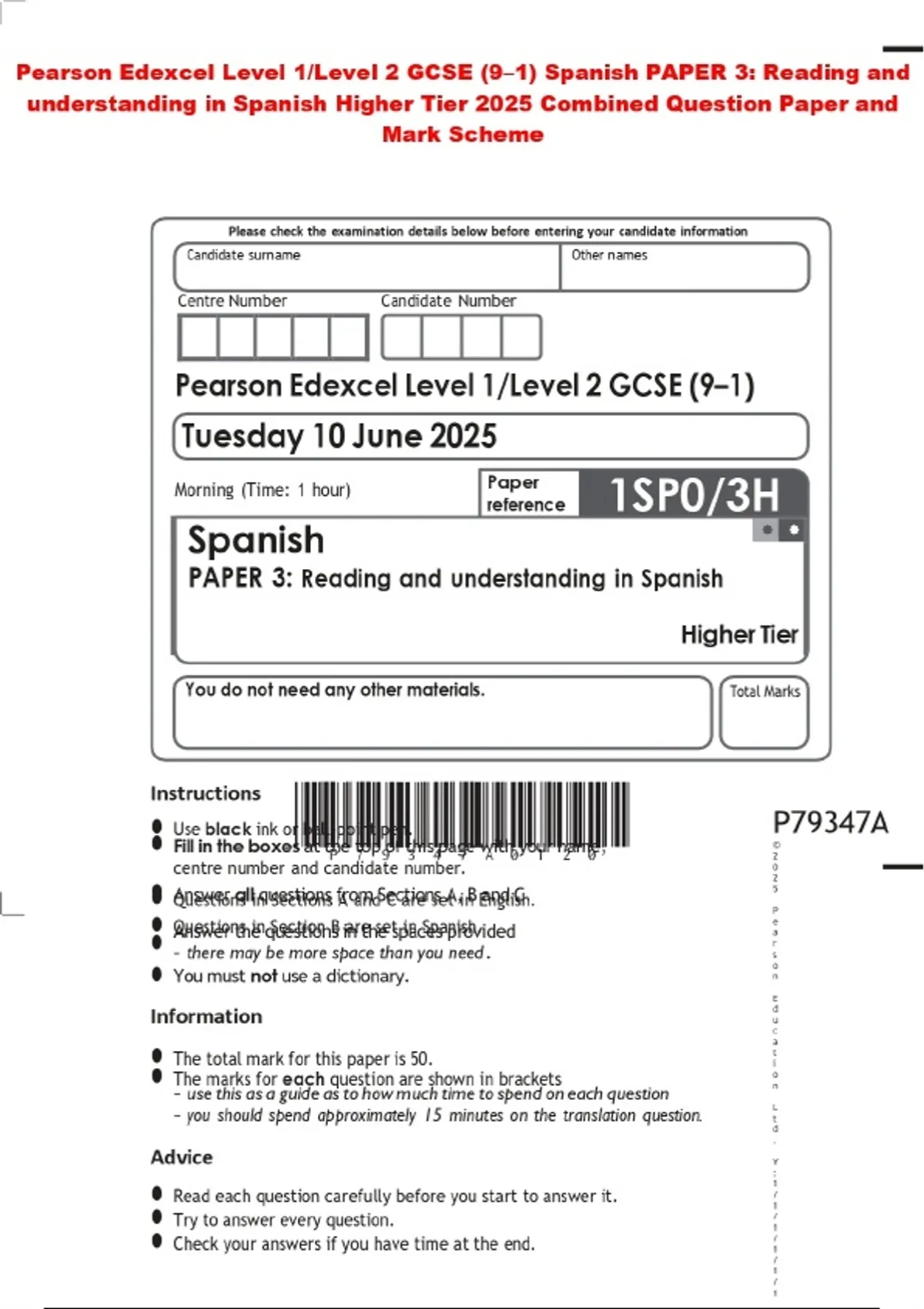 Pearson Edexcel Level 1/Level 2 GCSE (9–1) Spanish PAPER 3: Reading and ...