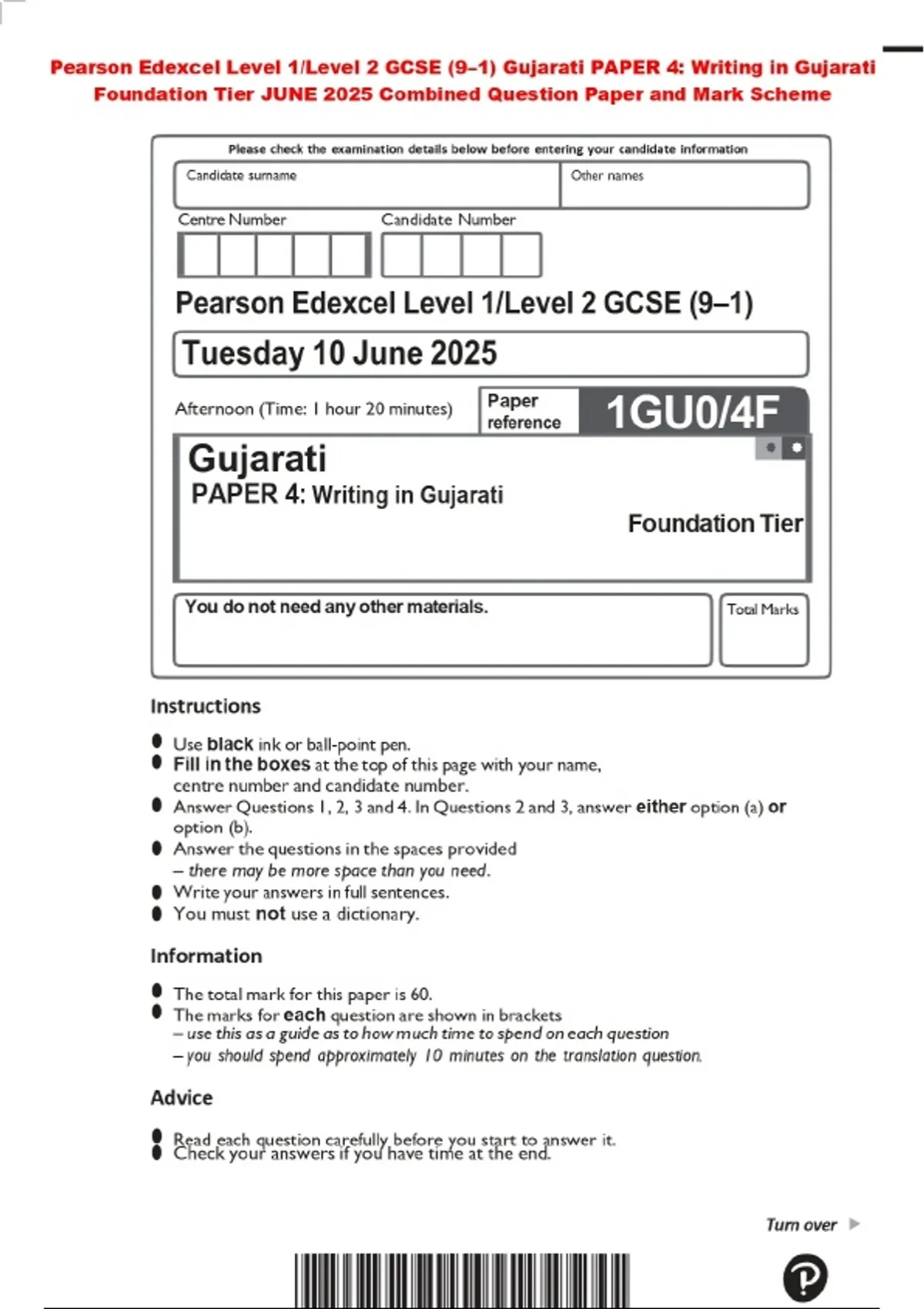 Pearson Note Paper Pearson Edexcel Level 1/Level 2 GCSE (9–1) Gujarati PAPER 4: Writing in ...