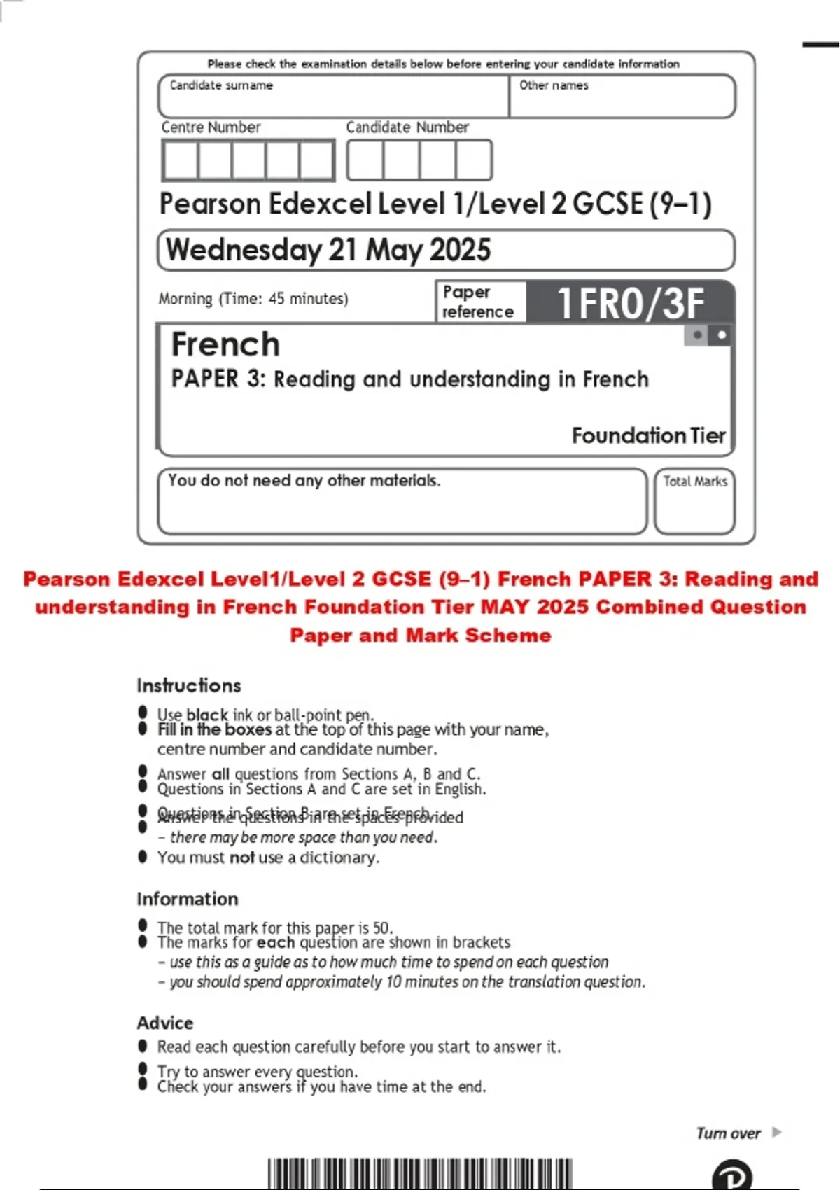 Pearson Edexcel Level1/Level 2 GCSE (9–1) French PAPER 3: Reading and ...