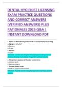 DENTAL HYGIENIST LICENSING  EXAM PRACTICE QUESTIONS  AND CORRECT ANSWERS  &lpar;VERIFIED ANSWERS&rpar; PLUS  RATIONALES 2026 Q&A &vert;  INSTANT DOWNLOAD PDF 