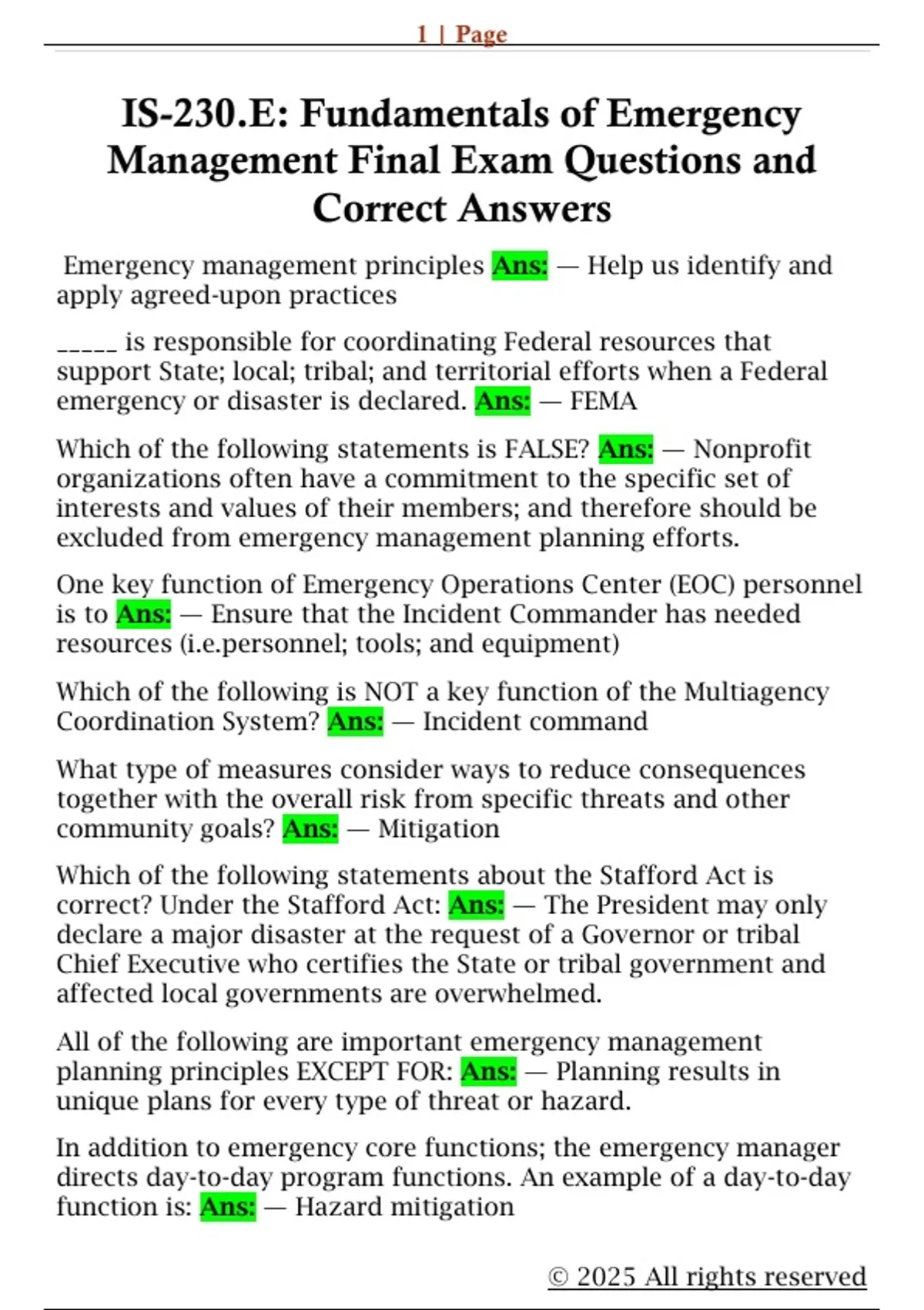 IS-230.E: Fundamentals of Emergency Management Final Exam Questions and ...