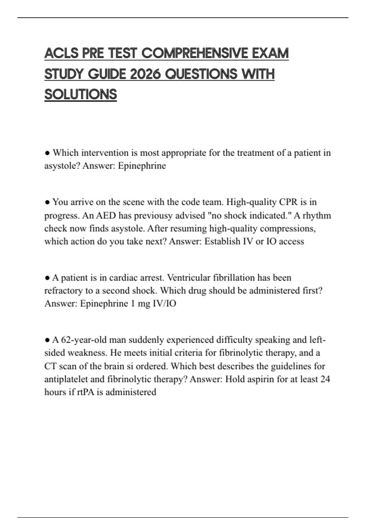ACLS PRE TEST COMPREHENSIVE EXAM STUDY GUIDE 2026 QUESTIONS WITH ...