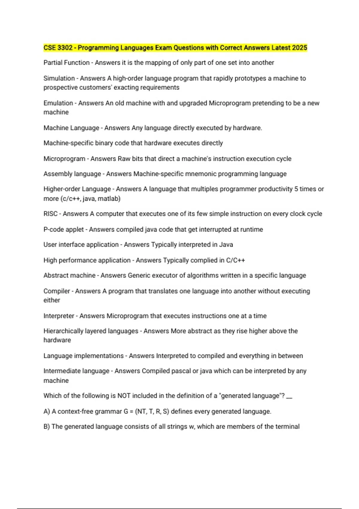 CSE 3302 - Programming Languages Exam Questions with Correct Answers ...
