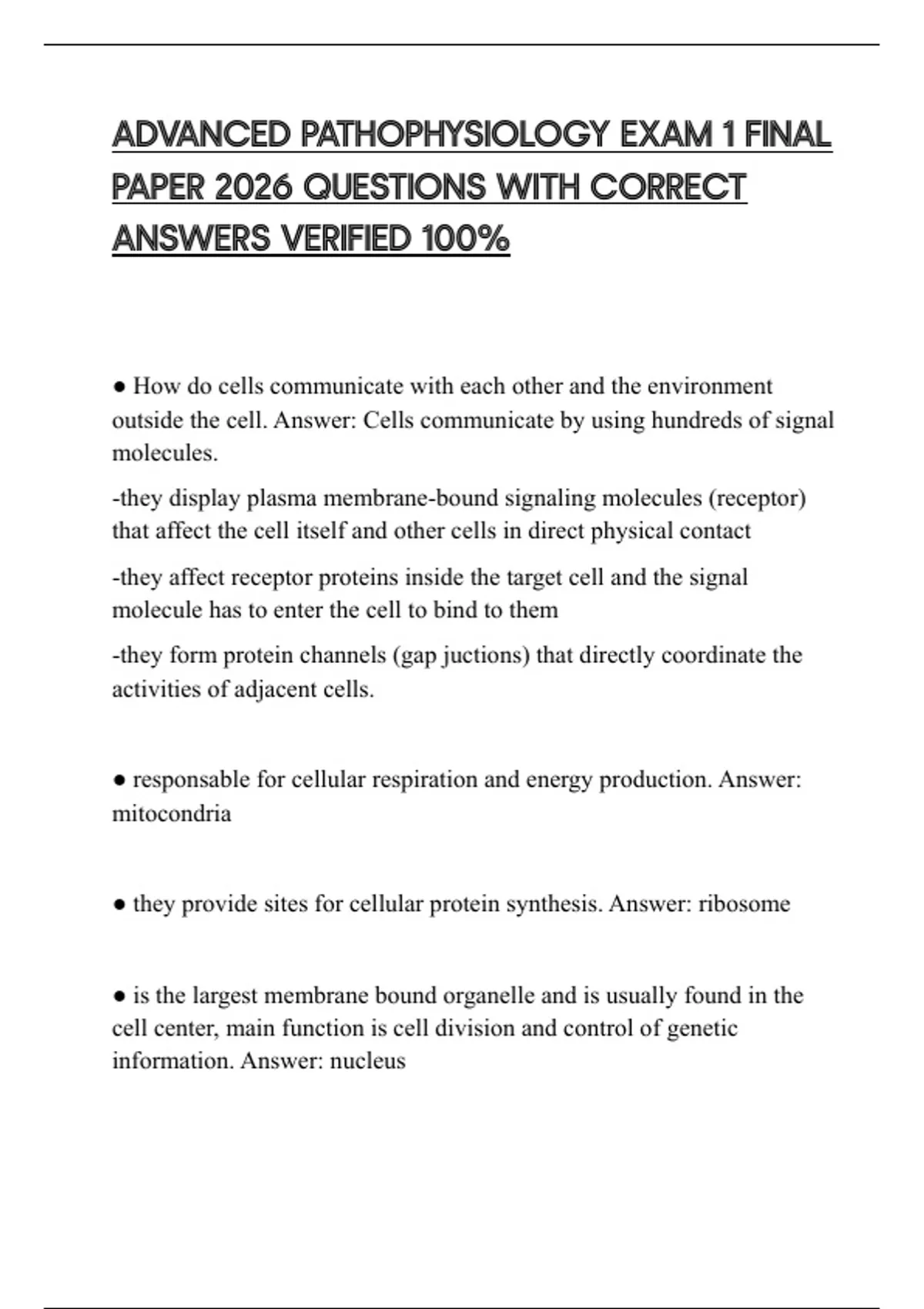 ADVANCED PATHOPHYSIOLOGY EXAM 1 FINAL PAPER 2026 QUESTIONS WITH CORRECT ...