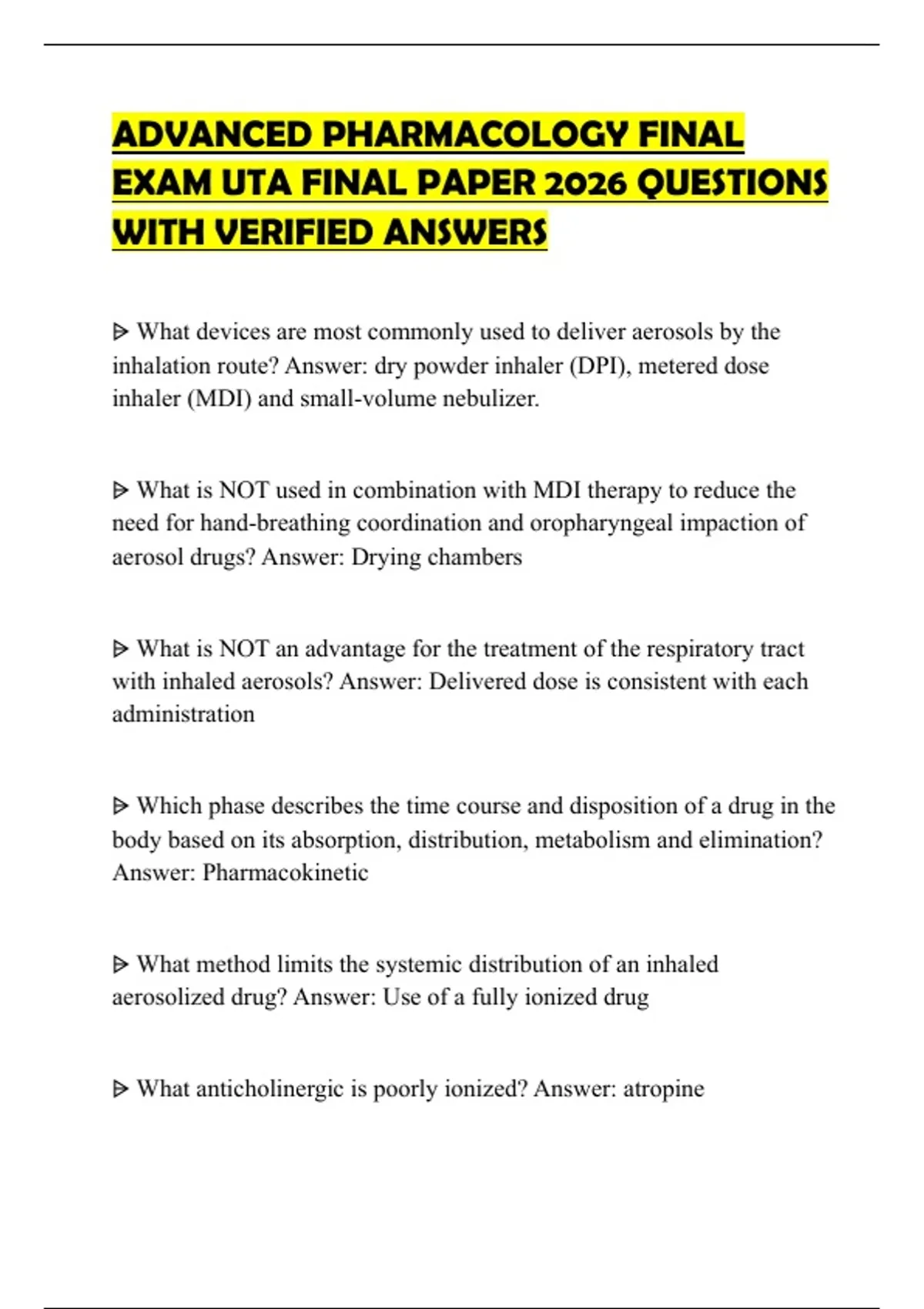 ADVANCED PHARMACOLOGY FINAL EXAM UTA FINAL PAPER 2026 QUESTIONS WITH ...