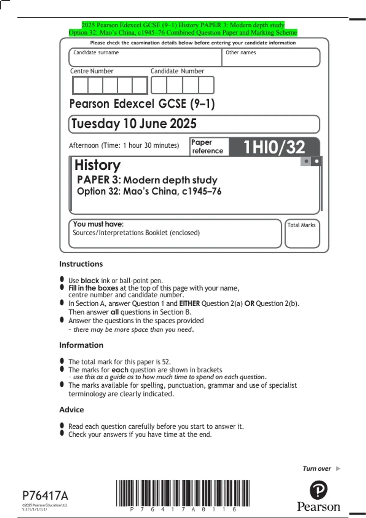 Pearson Note Paper 2025 Pearson Edexcel GCSE (9–1) History PAPER 3: Modern depth study ...
