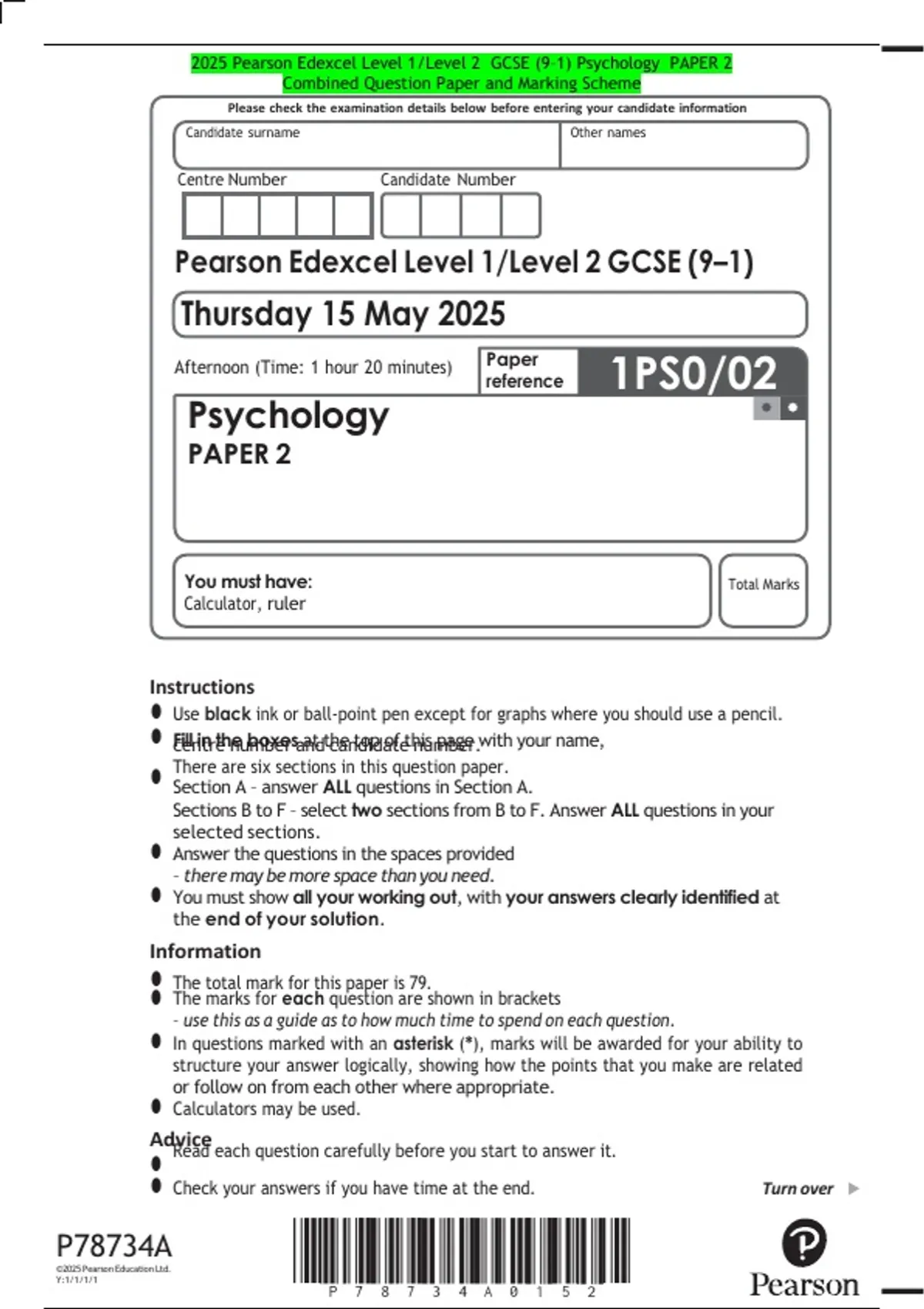 2025 Pearson Edexcel Level 1/Level 2 GCSE (9–1) Psychology PAPER 2 ...
