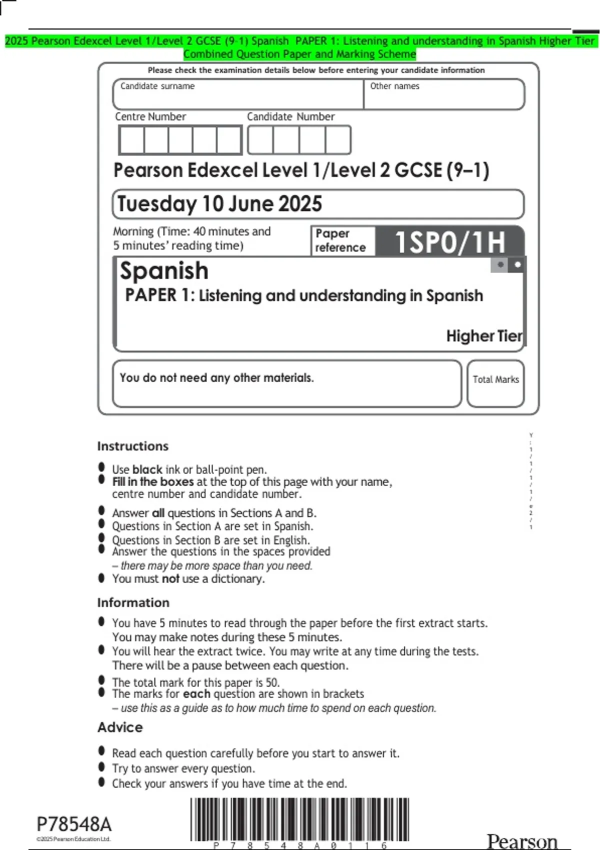 2025 Pearson Edexcel Level 1/Level 2 GCSE (9–1) Spanish PAPER 1 ...