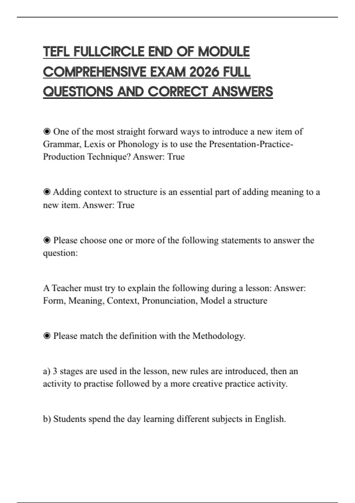 Tefl Module Notes TEFL FULLCIRCLE END OF MODULE COMPREHENSIVE EXAM 2026 FULL QUESTIONS ...