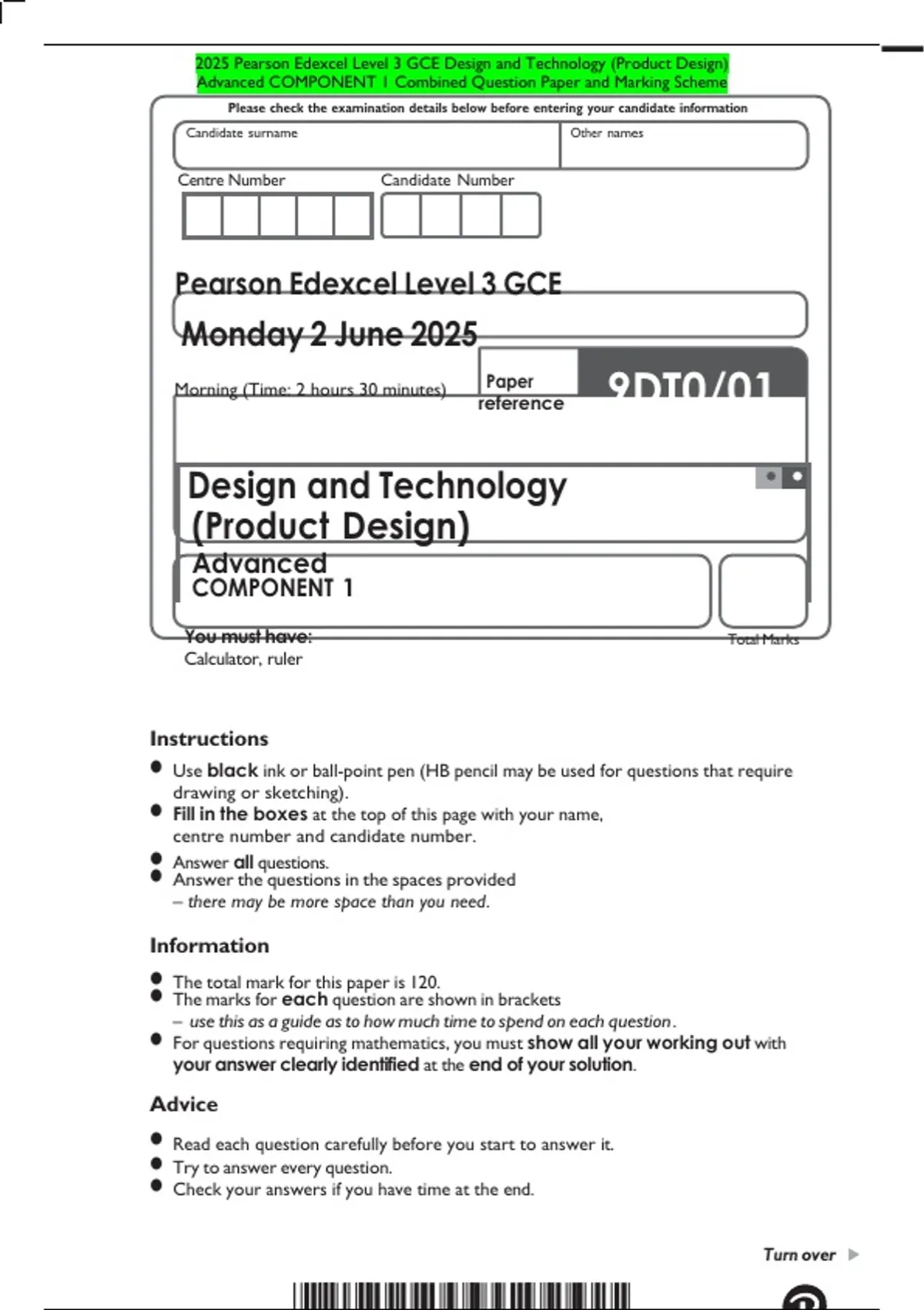2025 Pearson Edexcel Level 3 GCE Design and Technology (Product Design ...