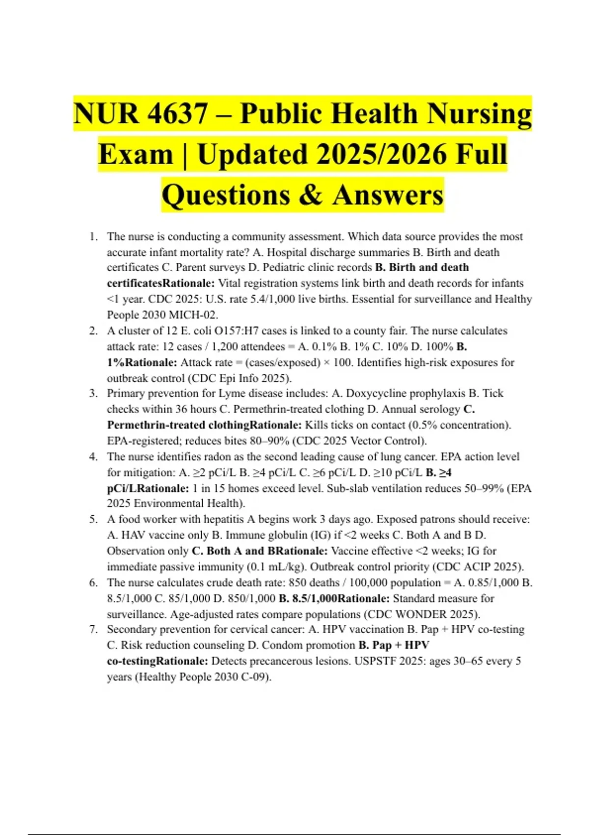 4637 NUR 4637 – Public Health Nursing Exam | Updated 2025/2026 Full ...