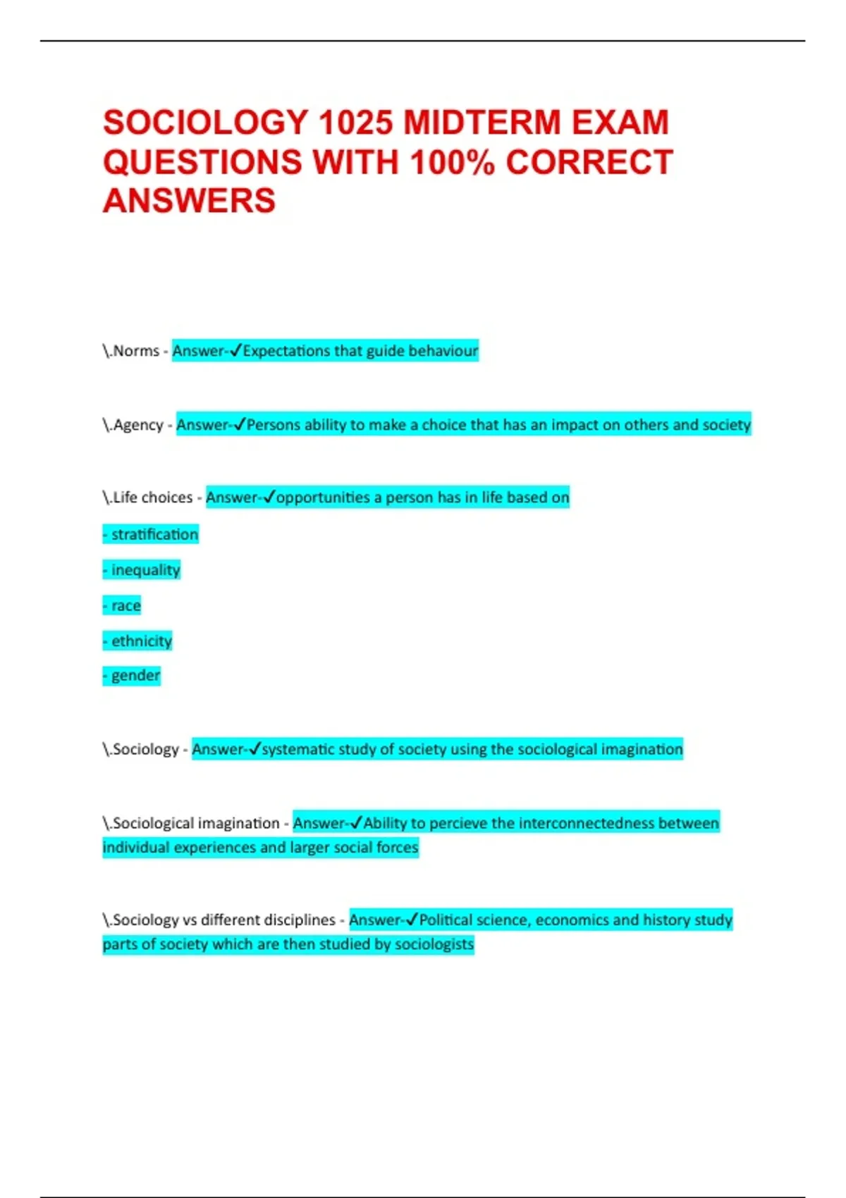 SOCIOLOGY 1025 MIDTERM EXAM QUESTIONS WITH 100% CORRECT ANSWERS ...