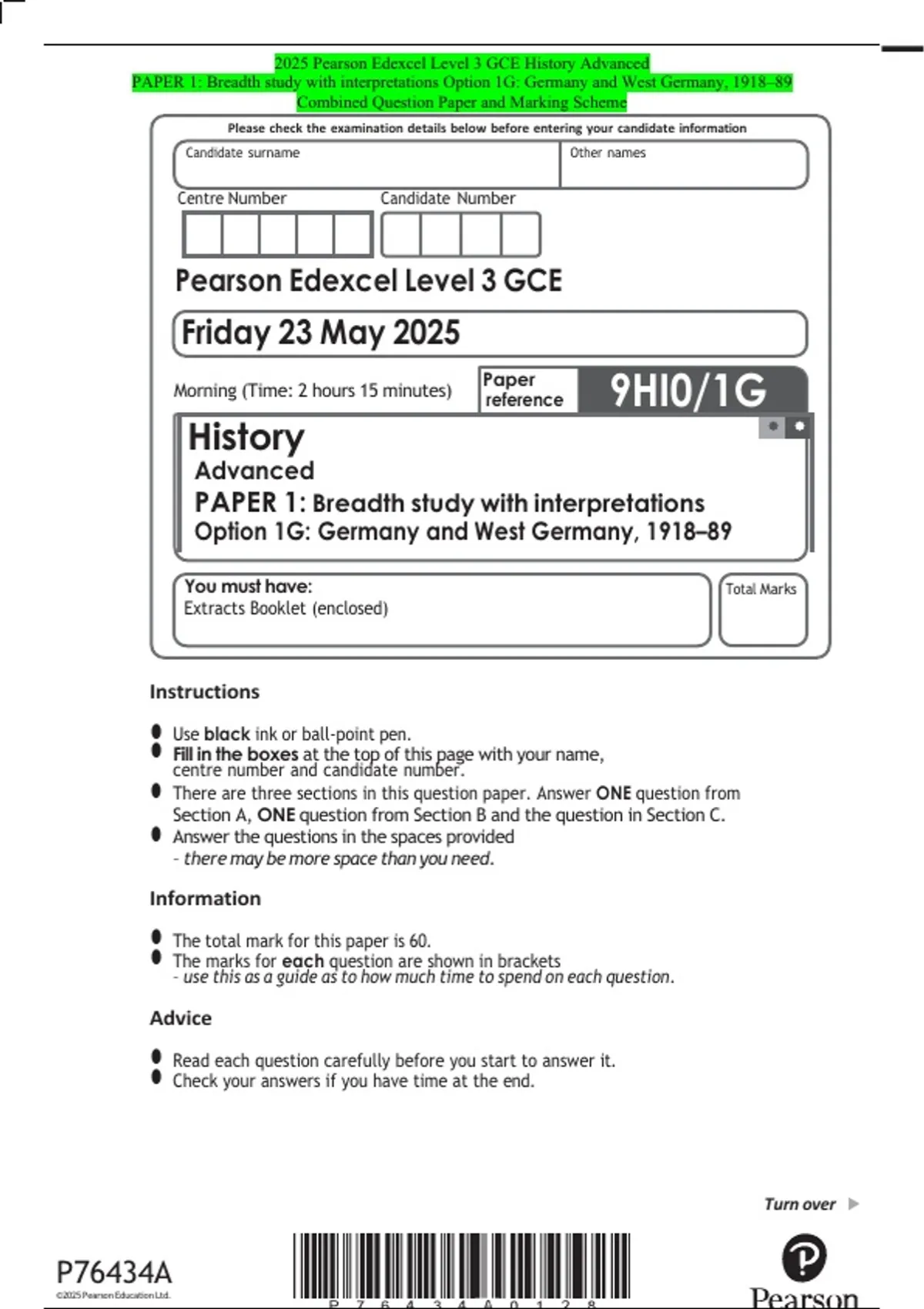 2025 Pearson Edexcel Level 3 GCE History Advanced PAPER 1: Breadth ...
