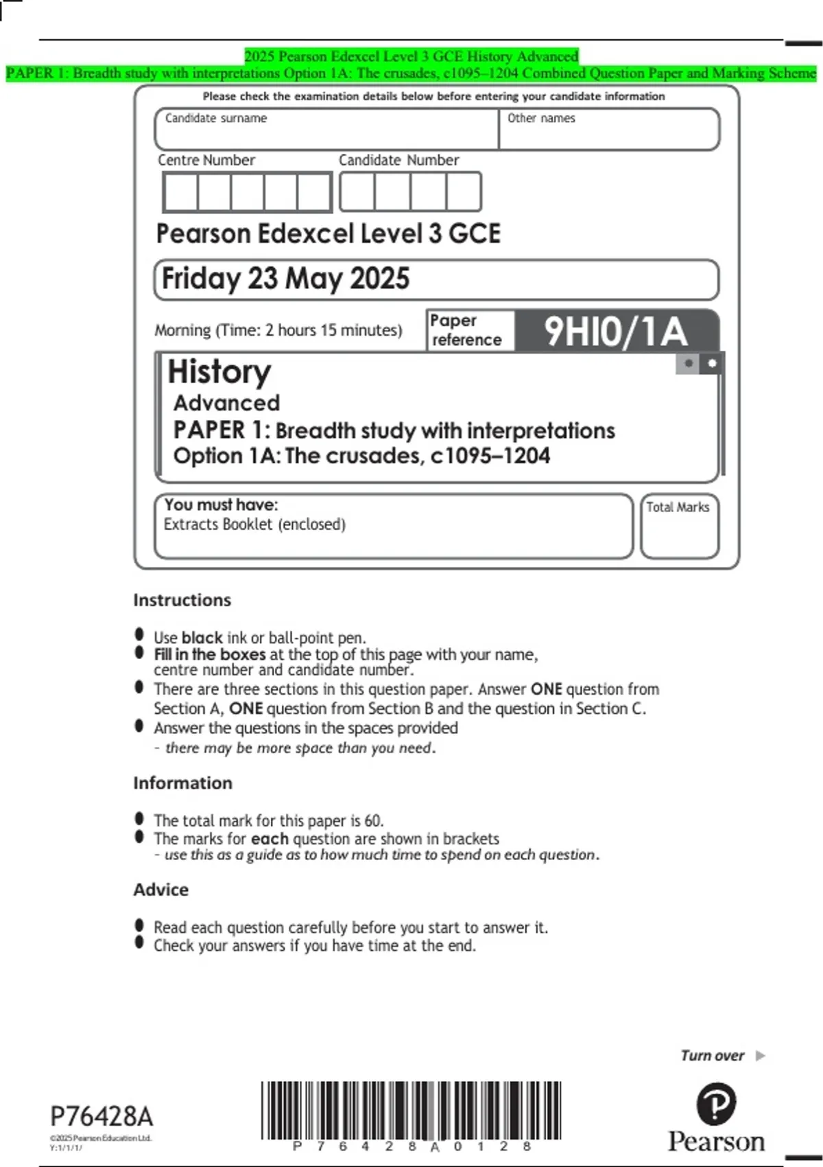 2025 Pearson Edexcel Level 3 GCE History Advanced PAPER 1: Breadth ...