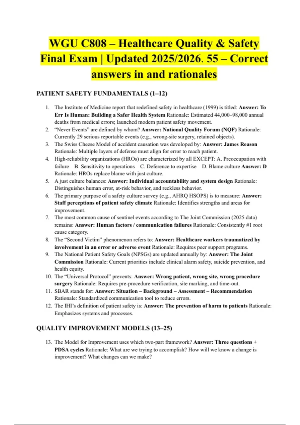 WGU C808 – Healthcare Quality & Safety Final Exam | Updated 2025/2026 ...