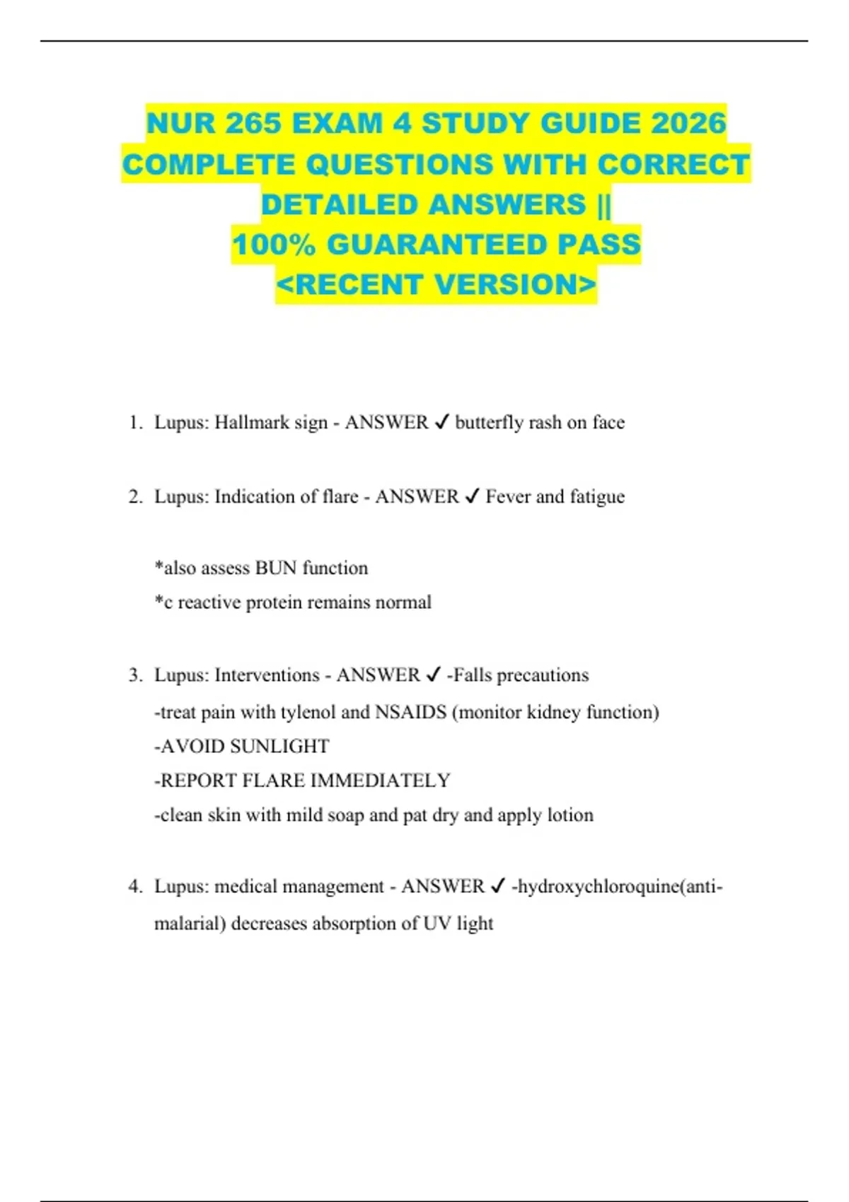 NUR 265 EXAM 4 STUDY GUIDE 2026 COMPLETE QUESTIONS WITH CORRECT ...