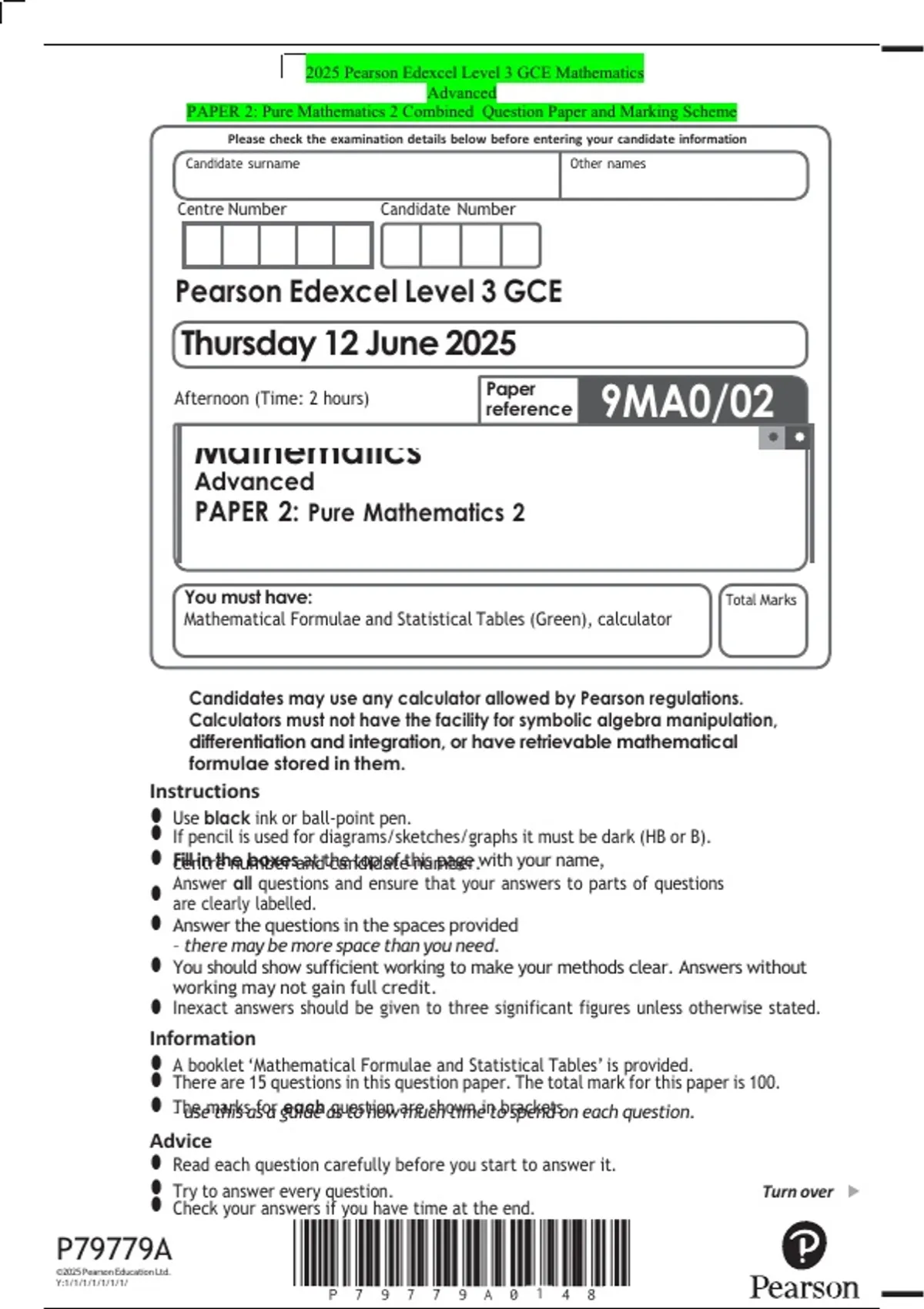 2025 Pearson Edexcel Level 3 GCE Mathematics Advanced PAPER 2: Pure ...