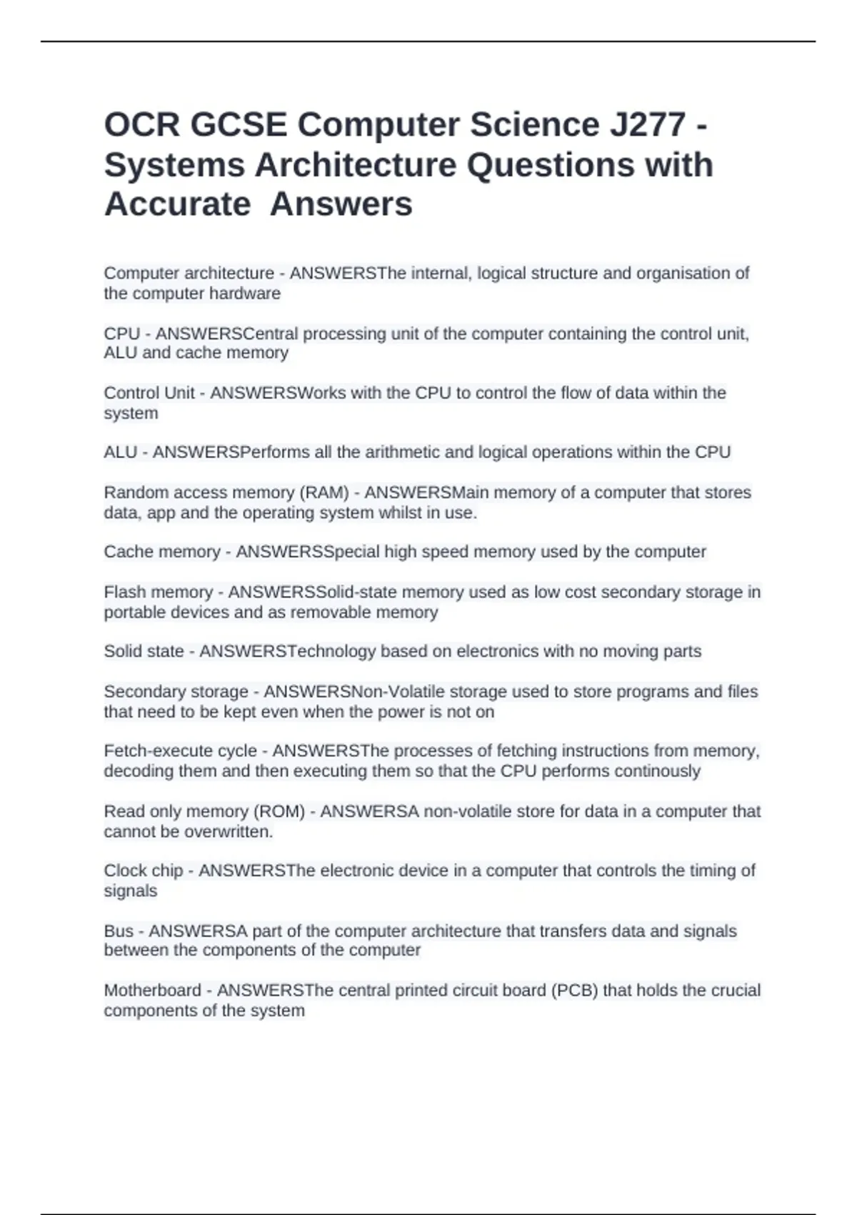 OCR GCSE Computer Science J277 - Systems Architecture Questions with ...
