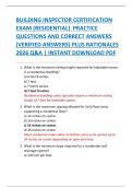 BUILDING INSPECTOR CERTIFICATION  EXAM &lpar;RESIDENTIAL&rpar;  PRACTICE  QUESTIONS AND CORRECT ANSWERS  &lpar;VERIFIED ANSWERS&rpar; PLUS RATIONALES  2026 Q&A &vert; INSTANT DOWNLOAD PDF