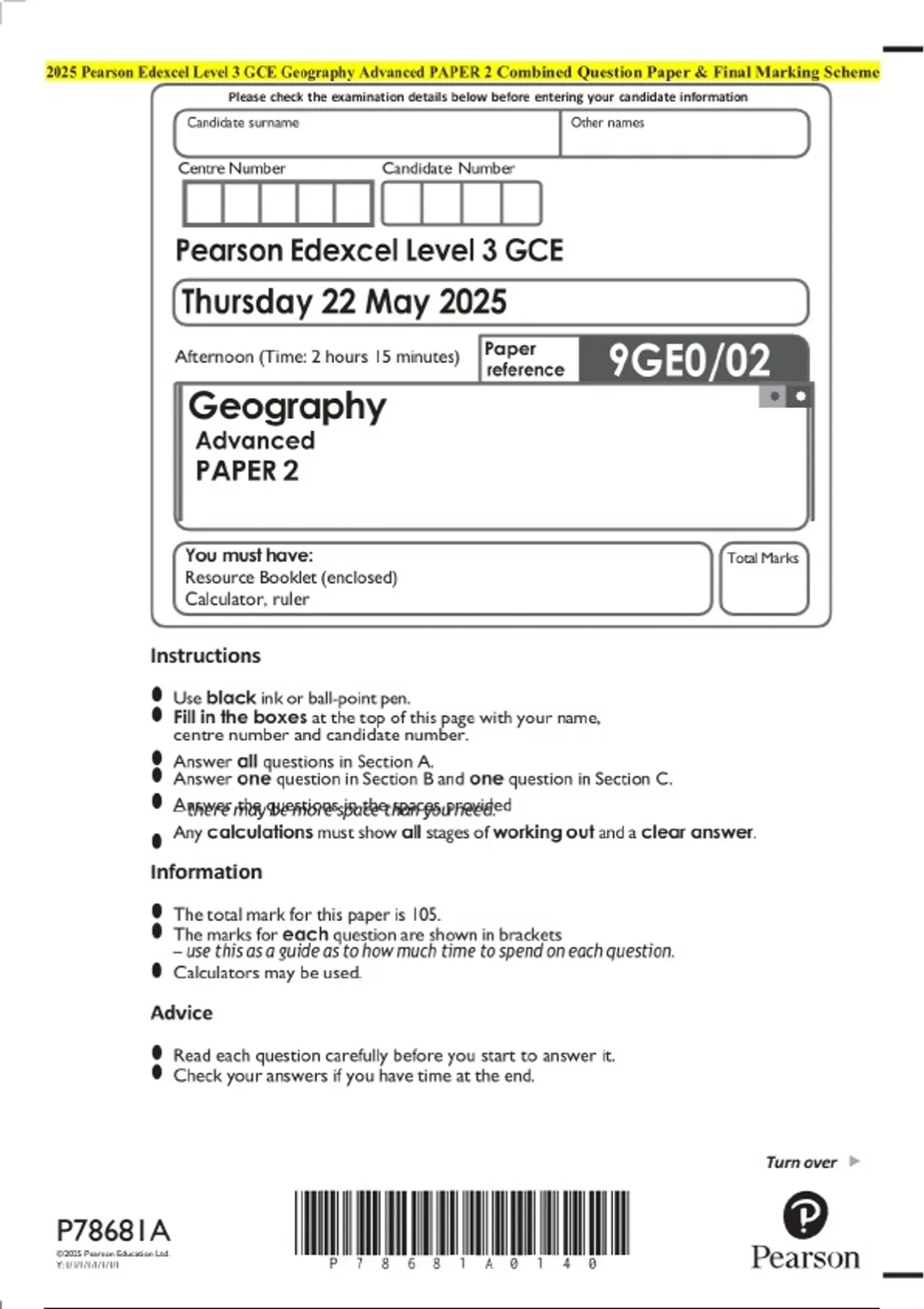 2025 Pearson Edexcel Level 3 GCE Geography Advanced PAPER 2 Combined ...
