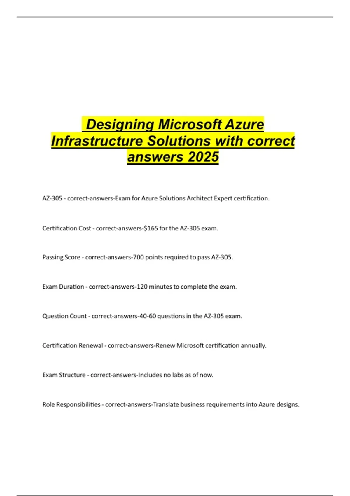 AZ305 Designing Microsoft Azure Infrastructure Solutions with correct