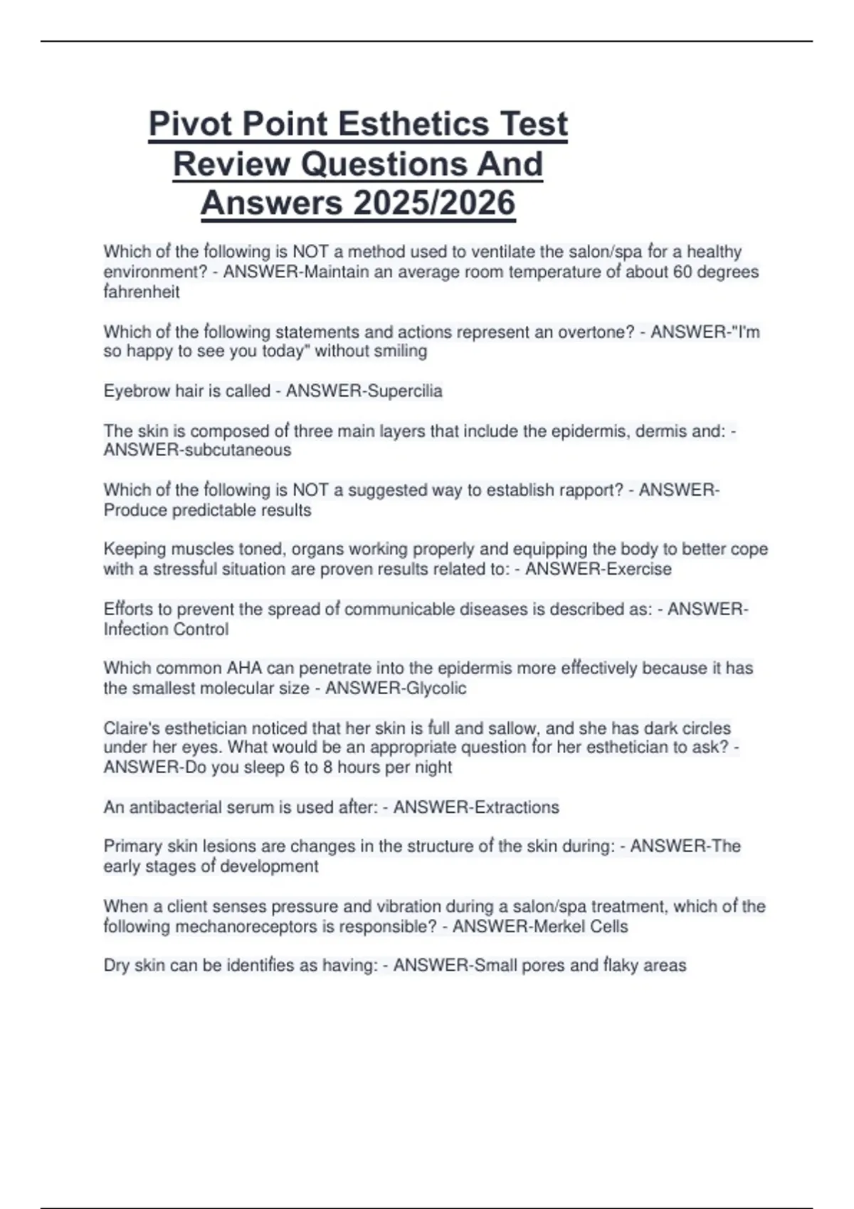 Pivot Point Esthetics Test Review Questions And Answers 2025/2026 ...