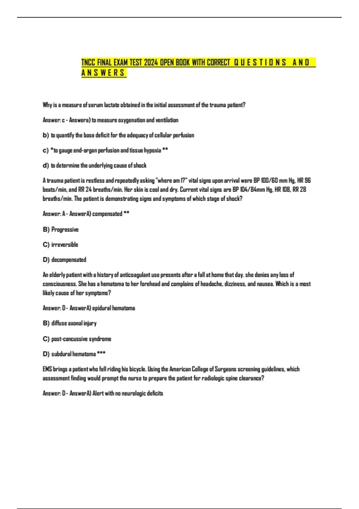 TNCC FINAL EXAM TEST 2024 OPEN BOOK WITH CORRECT QUESTIONS AND ANSWERS ...