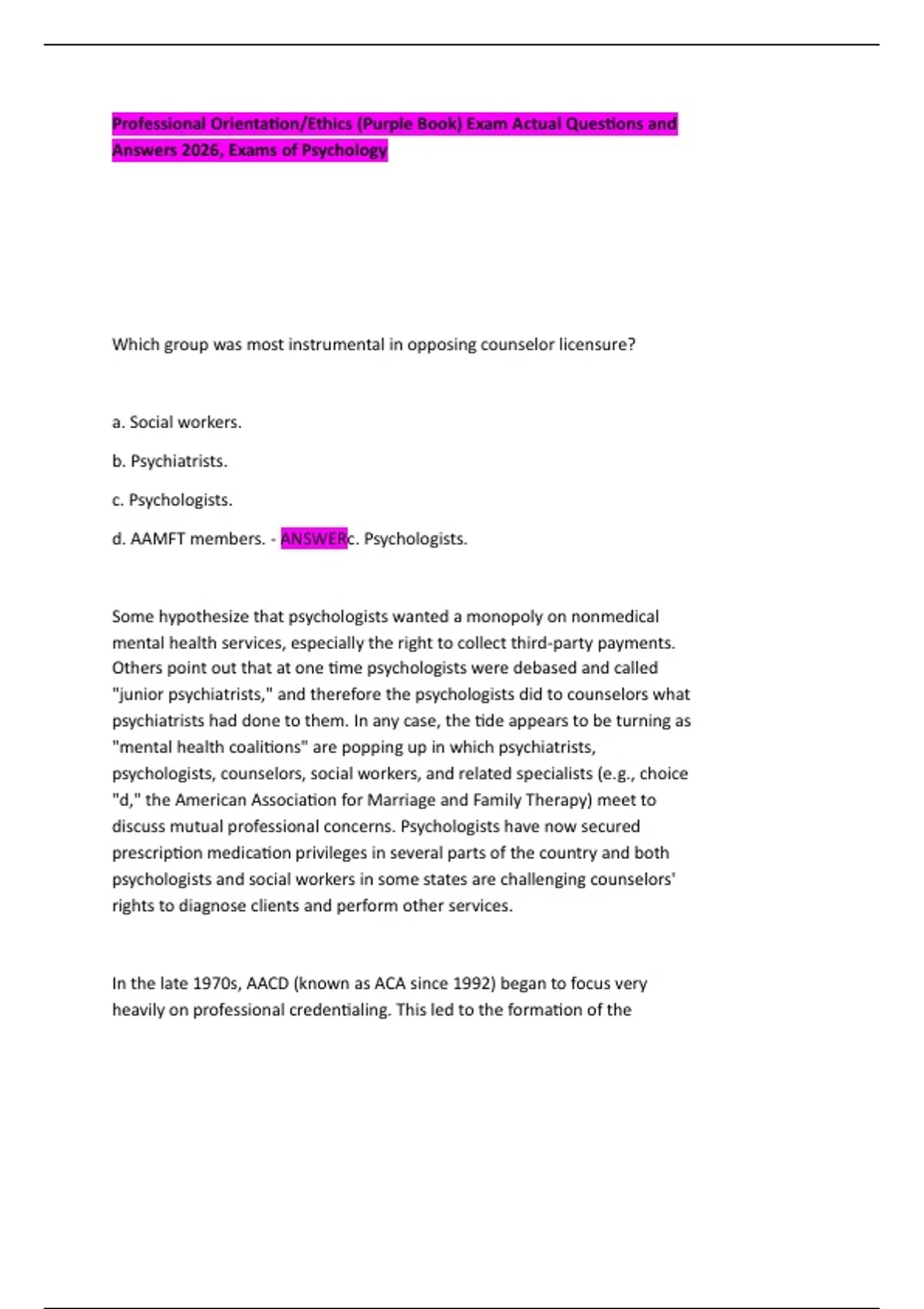 Professional Orientation/Ethics (Purple Book) Exam Actual Questions and ...