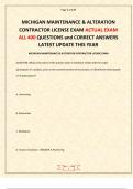 MICHIGAN MAINTENANCE & ALTERATION CONTRACTOR LICENSE EXAM ACTUAL EXAM ALL 400 QUESTIONS and CORRECT ANSWERS LATEST UPDATE THIS YEAR