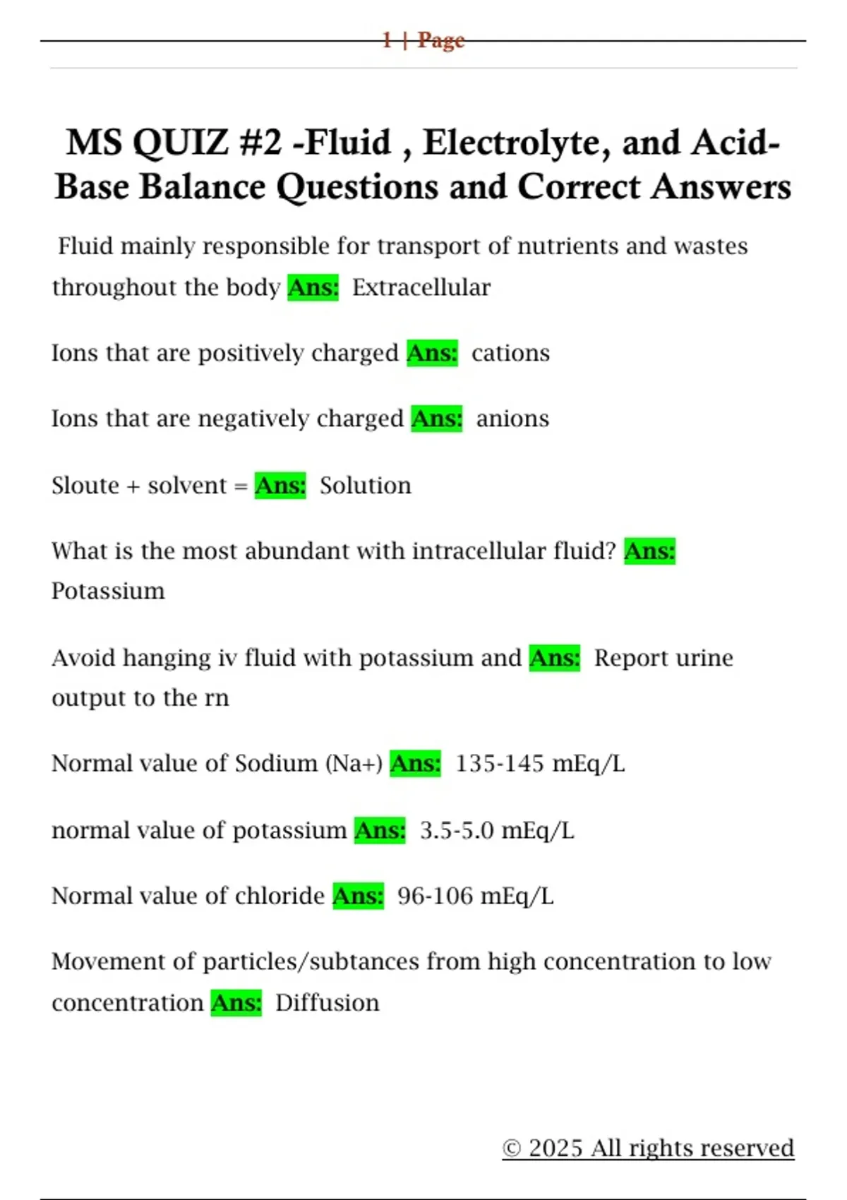 MS QUIZ #2 -Fluid , Electrolyte, and Acid Base Balance Questions and ...