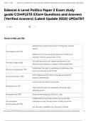 Edexcel A Level Politics Paper 2 Exam study guide COMPLETE EXAM Questions and Answers &lpar;Verified Answers&rpar; &lpar;Latest Update 2025&rpar; UPDATE&excl;&excl;